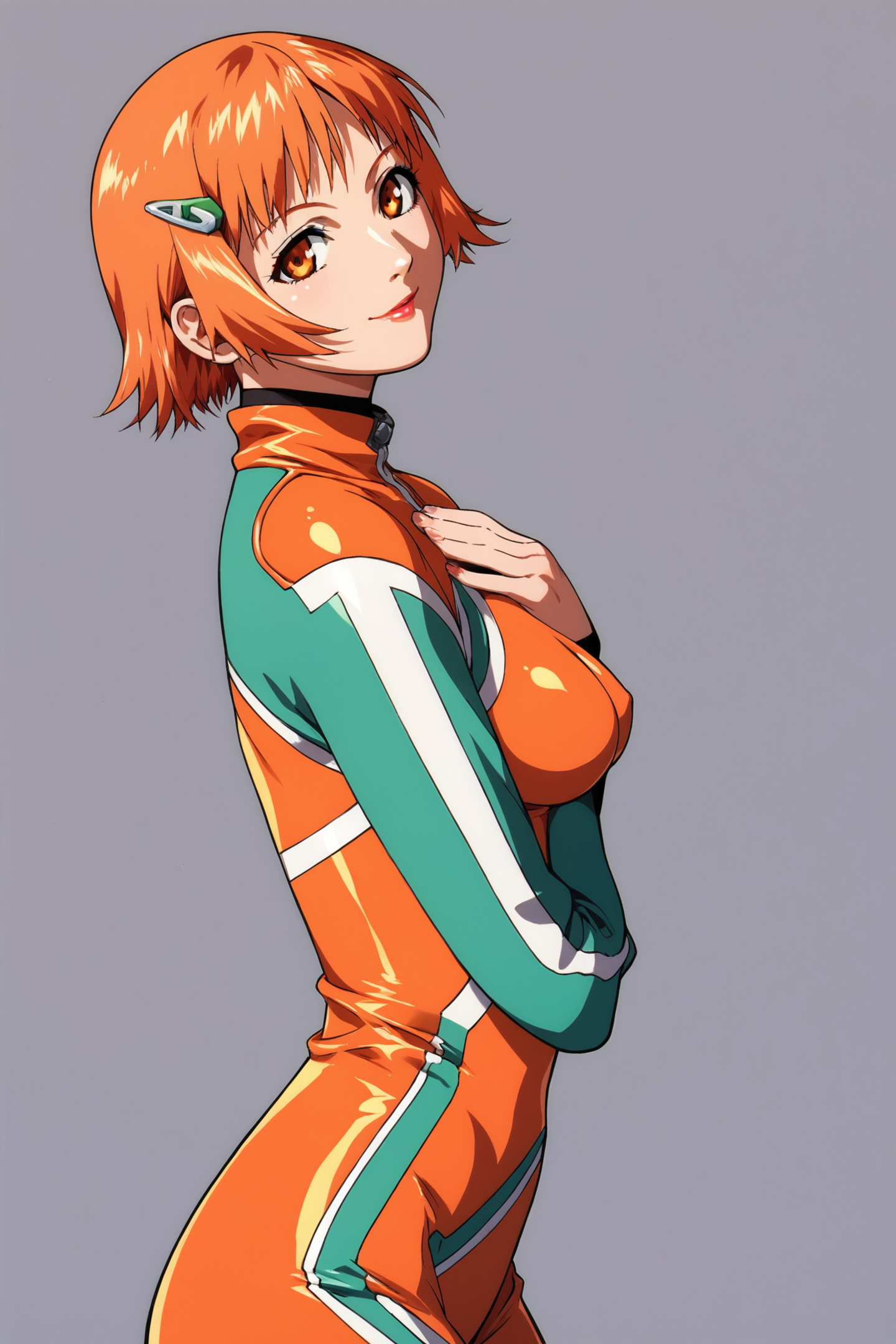 Mikura Suzuki,1girl,solo,short hair,hair ornament,orange hair,breasts,smile,bodysuit,orange bodysuit,orange eyes,looking at viewer,shiny clothes,cowboy shot,shiny,lipstick,medium breasts,bangs,light smile,long sleeves,hairclip,turtleneck,makeup,from side,standing,breast suppress,hands on own chest,skin tight,score_8_up,score_7_up,<lora:Yasuomi Umetsu_XL_PONY:0.8>,