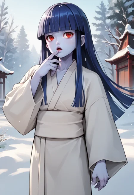 score_9, score_8_up, score_7_up, source_anime, 1girl, full body, looking up, big eyes, chestnut mouth, finger to own chin, hand on hip, <lora:zs_YukiJyorouXL:1> yukijyorousmt, kimono, long hair, blunt bangs, blue hair, red eyes, colored skin, blue skin, outdoors, snow