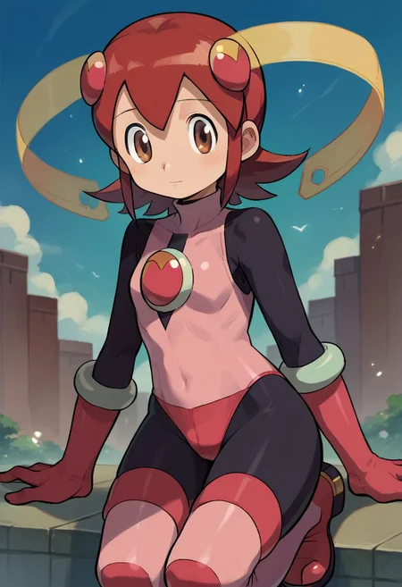 score_9, score_8_up, score_7_up, source_anime, 
ishikawa hideki style, mayl_sakurai_(mega_man), 1girl, short hair, hair ornament, brown eyes, red hair, pink bodysuit, pink gloves, knee boots, pink boots, solo