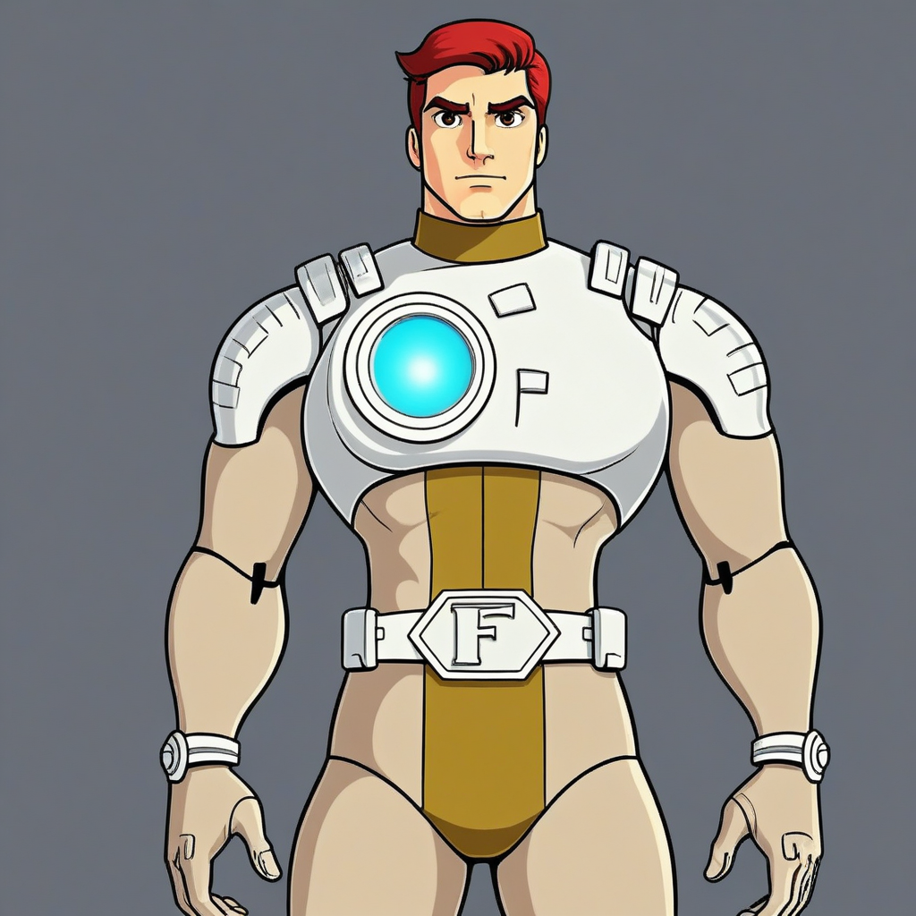 captainfuture, captfuture, cptfut,"A full-body front view of a highly fit male futuristic space adventurer with a muscular physique, wearing a sleek, skin-tight bodysuit in beige (#ceb69a) with gold (#a0872b) and white armor elements. The suit is made of high-tech synthetic fabric with a matte finish, tightly hugging the body and revealing well-defined muscles. The character has short, neatly styled red hair and thick red eyebrows, with sharp brown eyes. The chest armor features a glowing blue circular element encased in glass, resembling an energy source. White shoulder pads, chest and back armor, wrist guards, and a belt with a bold letter 'F' on the buckle enhance the futuristic look. A gold stripe runs down the center of the suit from the collar to the groin, with matching gold rings around the elbows, knees, and ankles. The hands and feet are seamlessly covered in the same bodysuit material, appearing as gloves and sleek futuristic boots in the primary beige color. Additional white armor elements are attached to the outer sides of both thighs. The background is a soft, neutral gray."
