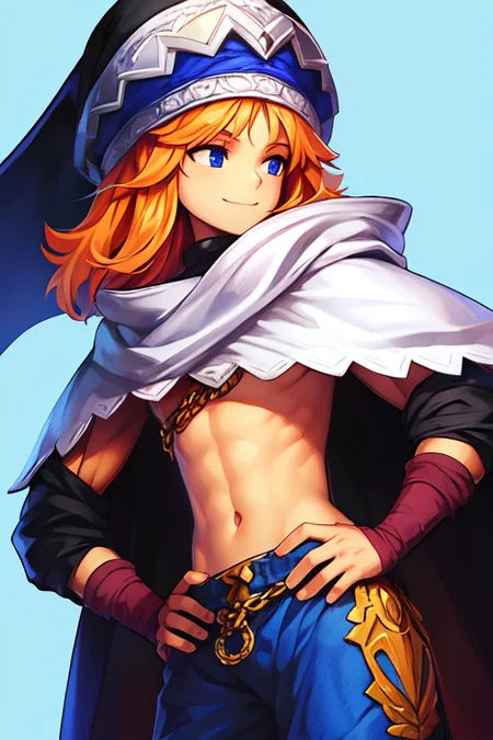 ((extreme detail)),(ultra-detailed),extremely detailed CG unity 8k wallpaper, best quality, masterpiece, <lora:OdinSphereStylev2:0.7>1boy, blue eyes, cape, chain, cloak, hand on hip, hat, looking away, male focus, midriff, orange hair, pants, simple background, smile, solo, white background, OdinSphereStyle,