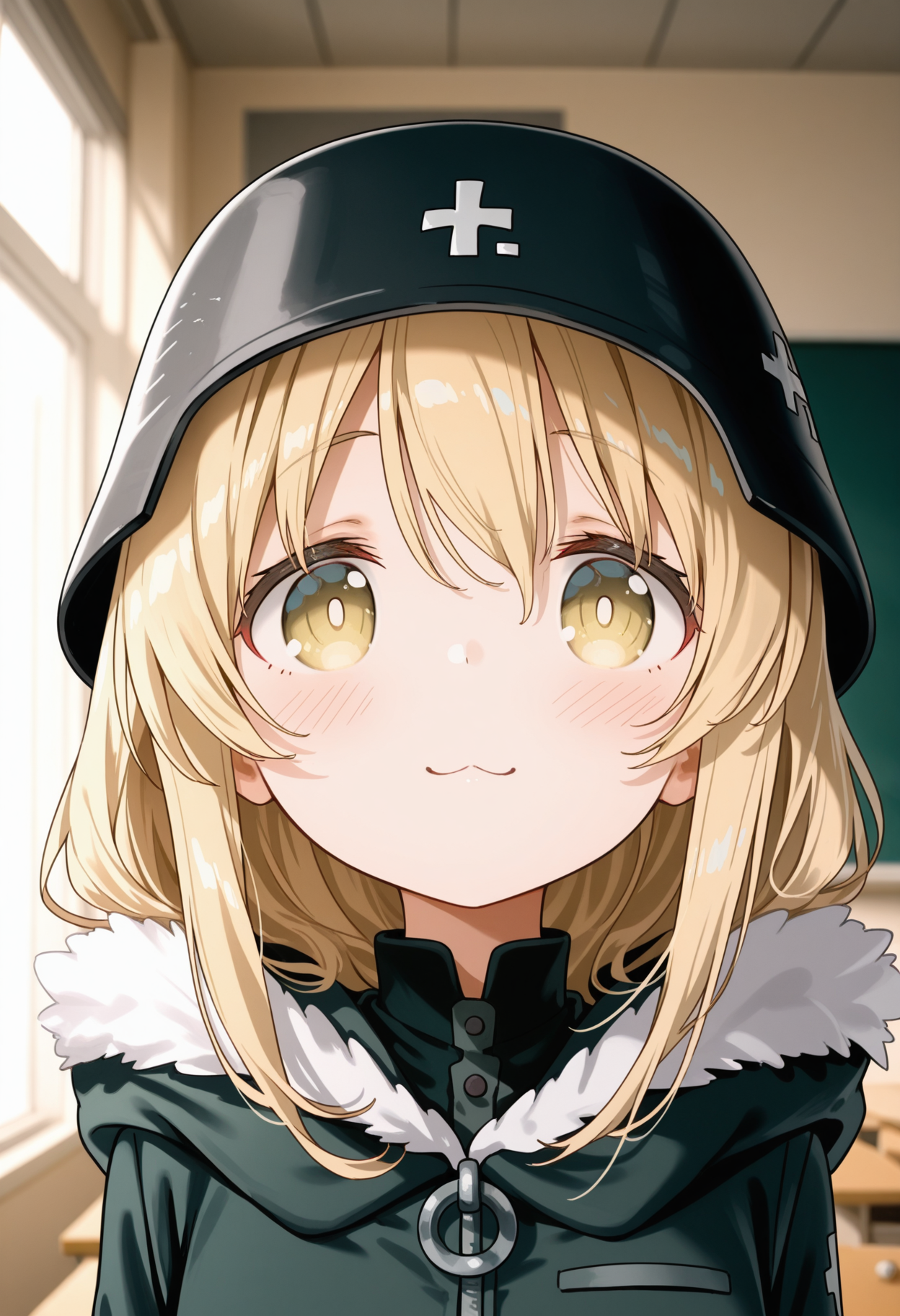 1girl, 
kazutake hazano, ningen mame, (kedama milk:0.95), (wlop:0.91), (mika pikazo:0.9), 
yuu winter military uniform, yuuri glt, yuu military helmetï¼yellow hair, short hair, indoor, hallway, classroom, face focus, smile, pov, :3, (As109:0.91), SFW masterpiece, amazing quality, soft lighting, dim lighting, blonde hair, blurry background, blush, military uniform, depth of field, hat, solo focus, looking at viewer, school uniform, yellow eyes, uniform, desk, necktie, military hat, female pov, pov hands, indoors, garrison cap, blurry
a character from the series "Girls und Panzer," illustrated by the artist kazutake hazano and ningen mame. The character depicted is a young girl with blonde hair, wearing a military-style uniform that includes a garrison cap adorned with insignia. She has large, expressive eyes and appears to be indoors, possibly in a classroom or similar setting. Her posture suggests she might be looking at something off-camera, adding a sense of engagement and curiosity to the composition
best quality