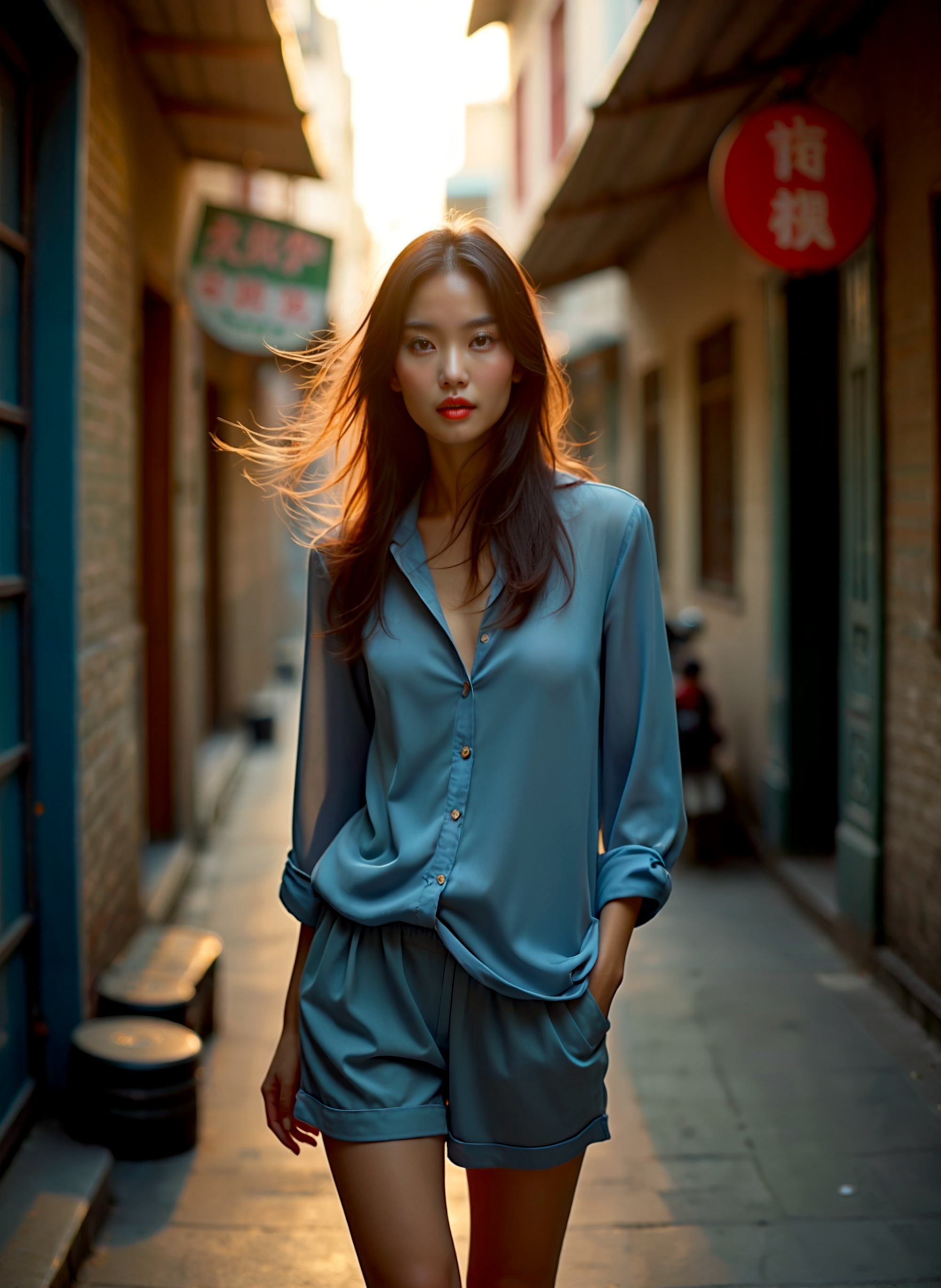 cinematic film still a portrait of a young woman walking on a narrow street. She is wearing a light blue blouse and matching shorts. Her long brown hair is blowing in the wind, and she is looking directly at the camera with a serious expression. The street is lined with buildings on both sides and there is a red sign on the right side of the image. The lighting is soft and warm, creating a dreamy atmosphere. <lora:add-detail-xl:.5>  <lora:Flux-style-xl-lora:.5> . shallow depth of field, vignette, highly detailed, high budget, bokeh, cinemascope, moody, epic, gorgeous, film grain, grainy
