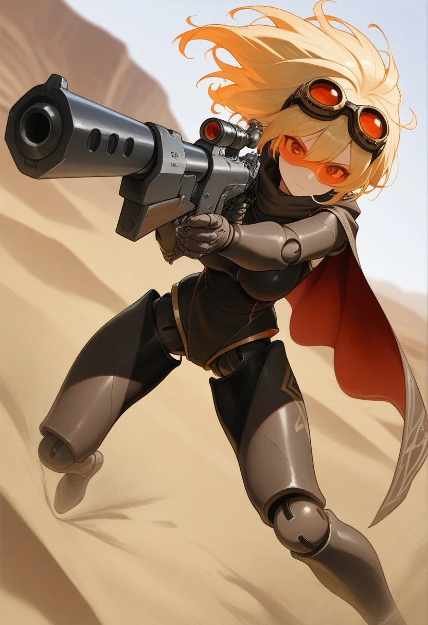 masterpiece, best quality,high quality, newest, highres,8K,HDR,absurdres, 1girl, solo, action shot, aiming, holding gun, goggles, cloak, motion-blur, desert, sand dust, trajectory, maneuver, oil film, film grain , dynamic pose, intense lighting, detailed background, depth of field, dynamic composition, foreshortening, detailed background, dynamic pose, dynamic composition,dutch angle, detailed backgroud,foreshortening,blurry edges,, se_doll_joints