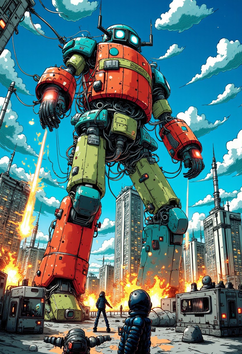 nistyle, monochrome Manga Sketch, A vintage 1950s-style pop art scene of a towering, retro robot built from square elements, wires, and cables. The robot is depicted from a low-angle view, emerging from behind a skyscraper in a city. It has glowing eyes shooting laser beams. The city’s residents below are looking up in fear, with bright expressions of shock. The sky is vibrant blue with scattered clouds. The overall aesthetic is colorful and bold, with a mix of vintage and pop art elements capturing the classic sci-fi feel.