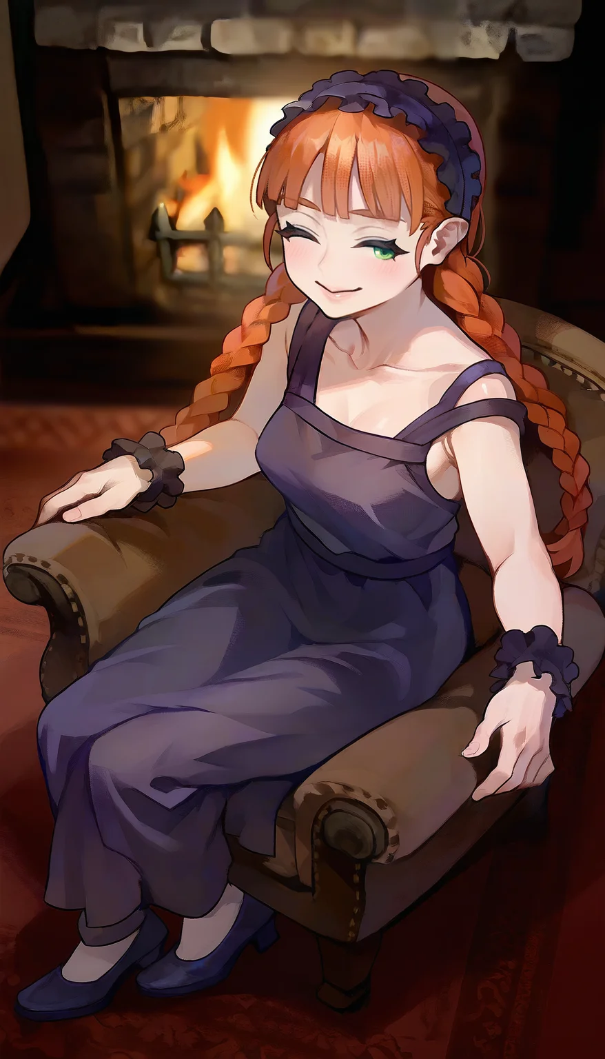 masterpiece,best quality,amazing quality,
<lora:yunifiiNAI:1>,yunifi,
1girl,solo,
orange hair,bangs,twin braids,
green eyes,
purple hairband,purple slip dress,purple cuffs,purple strappy heels,
looking at viewer,smile,closed eyes,
sitting,on chair,from above,facing aside,
indoors,wooden,fireplace,window,
blurry background,depth of field,soft lighting,light particles,