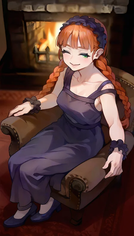 masterpiece,best quality,amazing quality,
<lora:yunifiiNAI:1>,yunifi,
1girl,solo,
orange hair,bangs,twin braids,
green eyes,
purple hairband,purple slip dress,purple cuffs,purple strappy heels,
looking at viewer,smile,closed eyes,
sitting,on chair,from above,facing aside,
indoors,wooden,fireplace,window,
blurry background,depth of field,soft lighting,light particles,