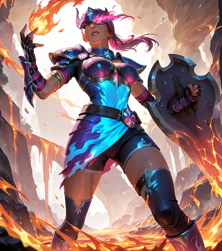 <lora:Fiora_league:0.8> f1ora, solo, purple hair, official art, Flame Warden, embered pauldrons, lava-forged shield, fiery aura, molten groundest, masterpiece, best quality, amazing quality, <lora:cfg_scale_boost:0.5>,