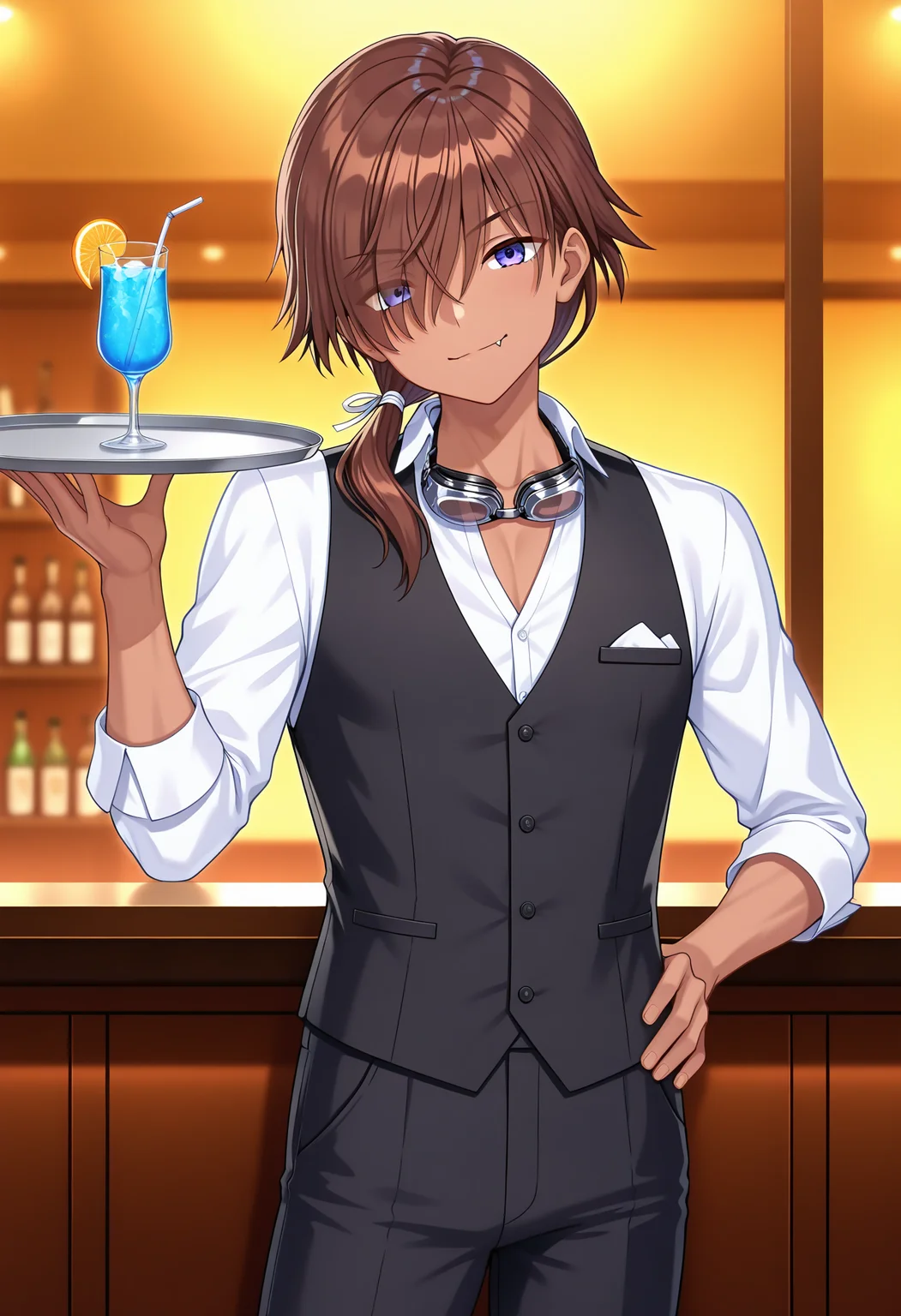 masterpiece,best quality,amazing quality,mitani ryouichi,male focus,goggles around neck,1boy,solo,shirt,black pants,pants,brown hair,white shirt,black vest,tray,goggles,fang,holding tray,holding,vest,fang out,closed mouth,long sleeves,collared shirt,smile,looking at viewer,hair over one eye,waiter,cup,hand up,drinking glass,hand on own hip,blue eyes,dress shirt,drink,standing,hair over shoulder,low ponytail,eyes visible through hair,drinking straw,cocktail glass,collarbone,cowboy shot,purple eyes,holding plate,cocktail,head tilt,tan,official art,hair ribbon,<lora:mitani_ryouichi:1>,