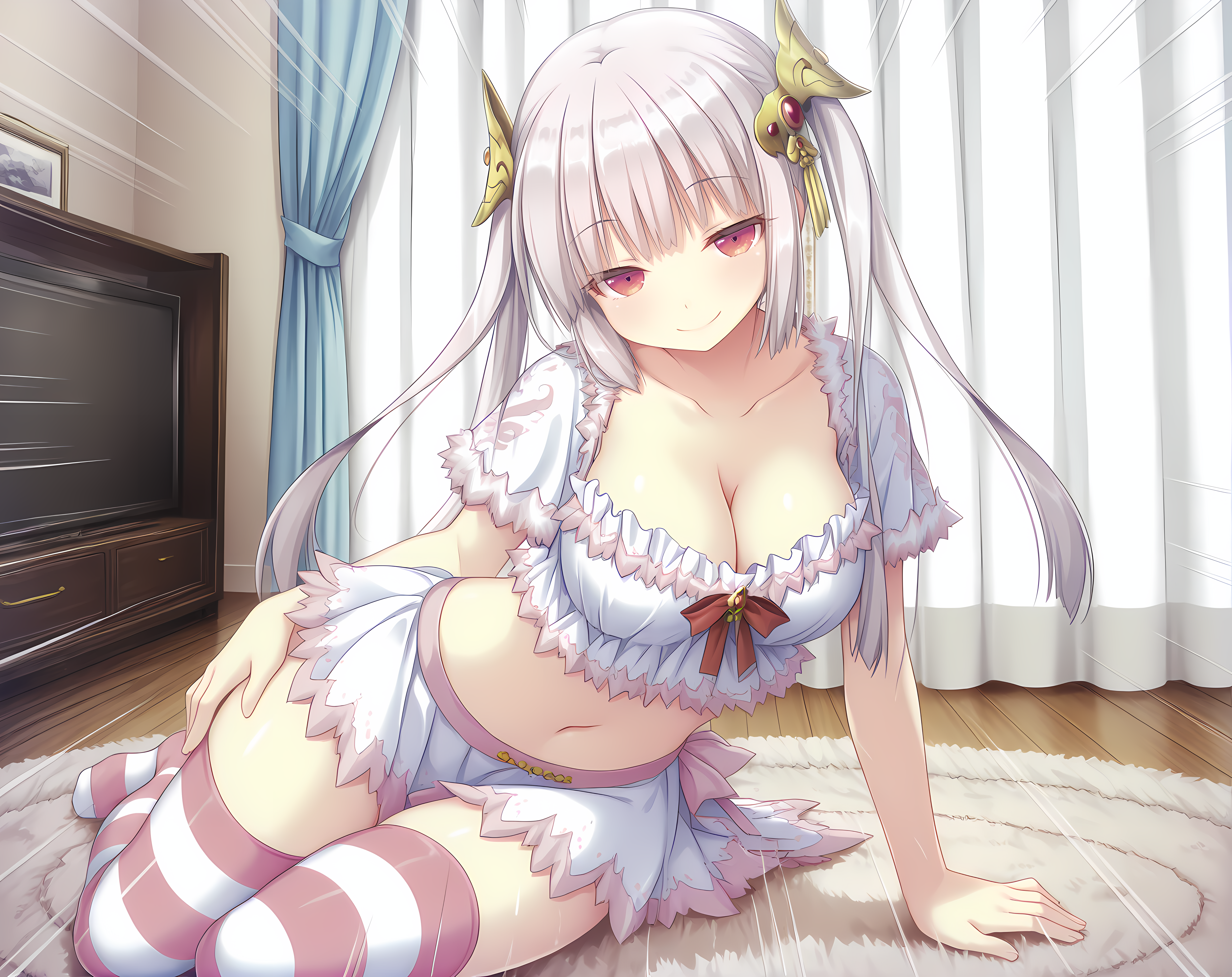 <lora:Lilica>,lilica,solo,large breasts,white hair,long hair,bangs,red eyes,cowboy shot,indoors,alternate outfit,twintails,hair ornament,yokozuwari,living room,carpet,curtains,cleavage,miniskirt,striped thighhighs,navel,midriff,seductive smile,half-closed eyes,leaning forward,emphasis lines,, masterpiece,best quality,amazing quality, very aesthetic, absurdres,detailed eyes,ultra-detailed,