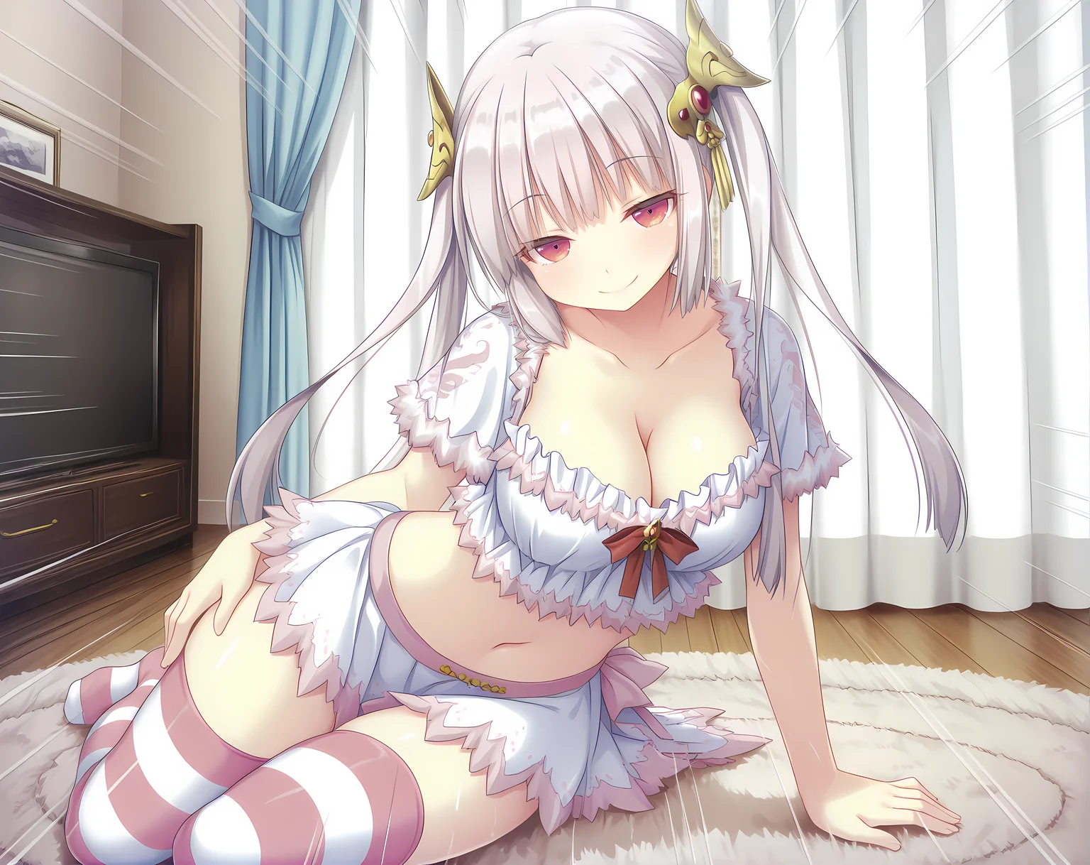 <lora:Lilica>,lilica,solo,large breasts,white hair,long hair,bangs,red eyes,cowboy shot,indoors,alternate outfit,twintails,hair ornament,yokozuwari,living room,carpet,curtains,cleavage,miniskirt,striped thighhighs,navel,midriff,seductive smile,half-closed eyes,leaning forward,emphasis lines,, masterpiece,best quality,amazing quality, very aesthetic, absurdres,detailed eyes,ultra-detailed,