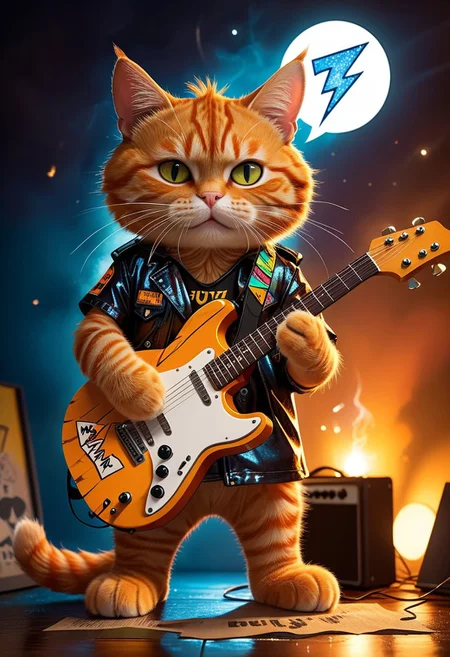 Photo of an fat orange tabby cat playing guitar, wearings a 1980s rock band outfit, playing a guitar shaped like a cartoon lightning bolt, with a cardboard sign in front of him that reads "BUZZ?", atmospheric, dark, alcohol inks, night, rich colours, subtle colours, reflections, glistening, moonlight, backlit, rim lighting, CONCERT STAGE lighting,