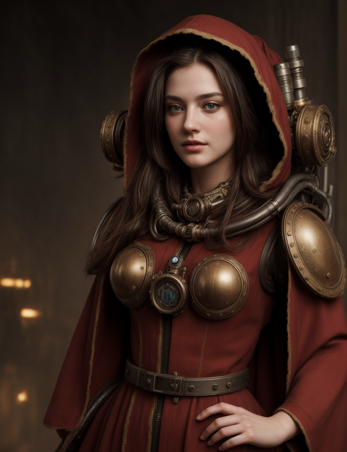 Ultra-realistic 8k CG, masterpiece, best quality, (very detailed face),masterpiece, best quality, 1girl, 20 years old, woman, colorful, (full body, wide shot),  <lora:more_details:0.8>  <lora:techpriest:0.8> mechanical arms, steampunk, hood, robe, techpriest, forgeworld, adeptus mechanicus,