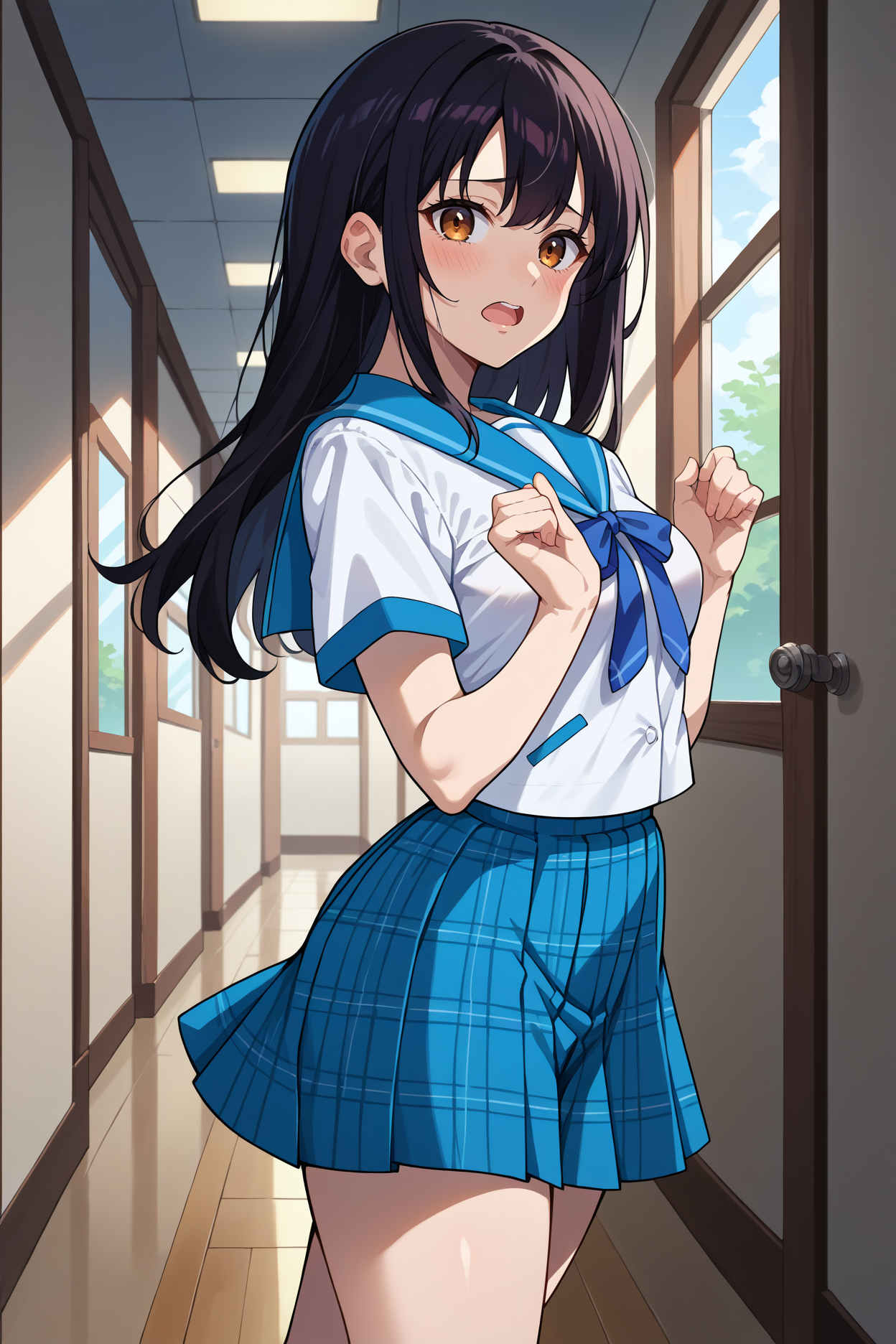 score_9, score_8_up, score_7_up, score_6_up, source_anime, 1girl, solo, <lora:himeragiyukina-pdxl-nvwls-v1-000005:1> himeragistb, black hair, long hair, brown eyes, white shirt, blue sailor collar, blue ribbon, short sleeves, blue skirt, plaid skirt, pleated skirt, thighs, breasts, open mouth, blush, looking at you, hands up, nervous, hallway, from side