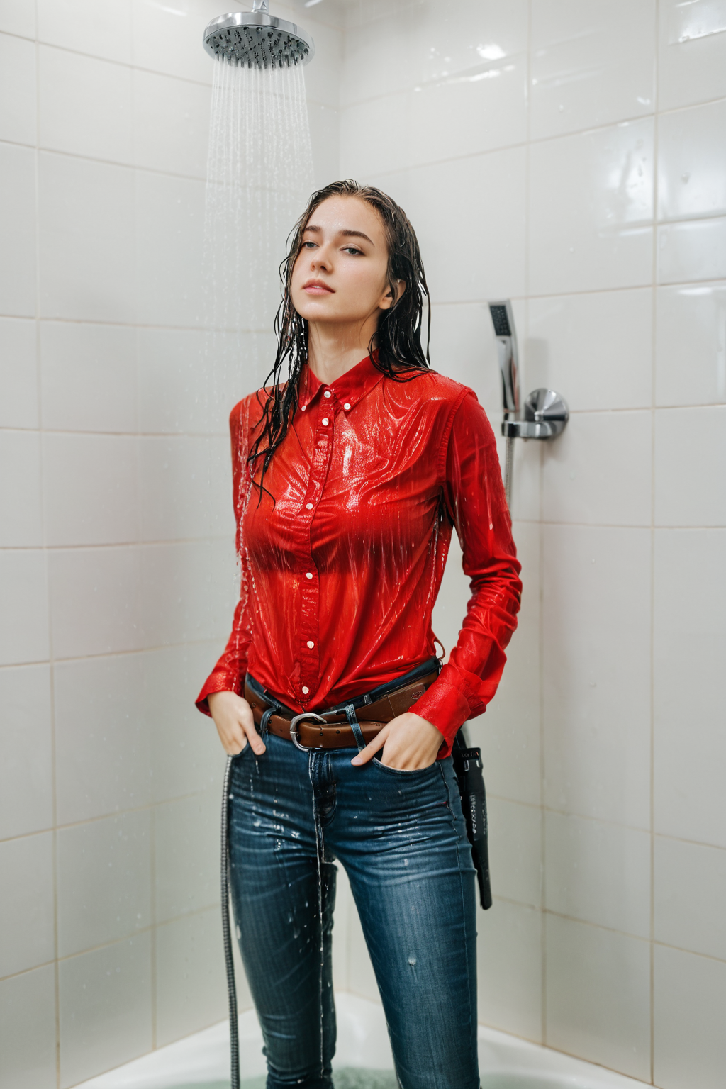 wetgirl, wet hair, wet red shirt, shirt tucked into skinny jeans, belt, looking at viewer, standing in the shower, water drop, photographed on a Fujifilm XT3, 80mm F/1.7 prime lens, cinematic film still, cinestill 500T, highly detailed, masterpiece, highest quality, intricately detailed, HDR, 8k, uhd, photorealistic, <lora:wetgirl:0.7>