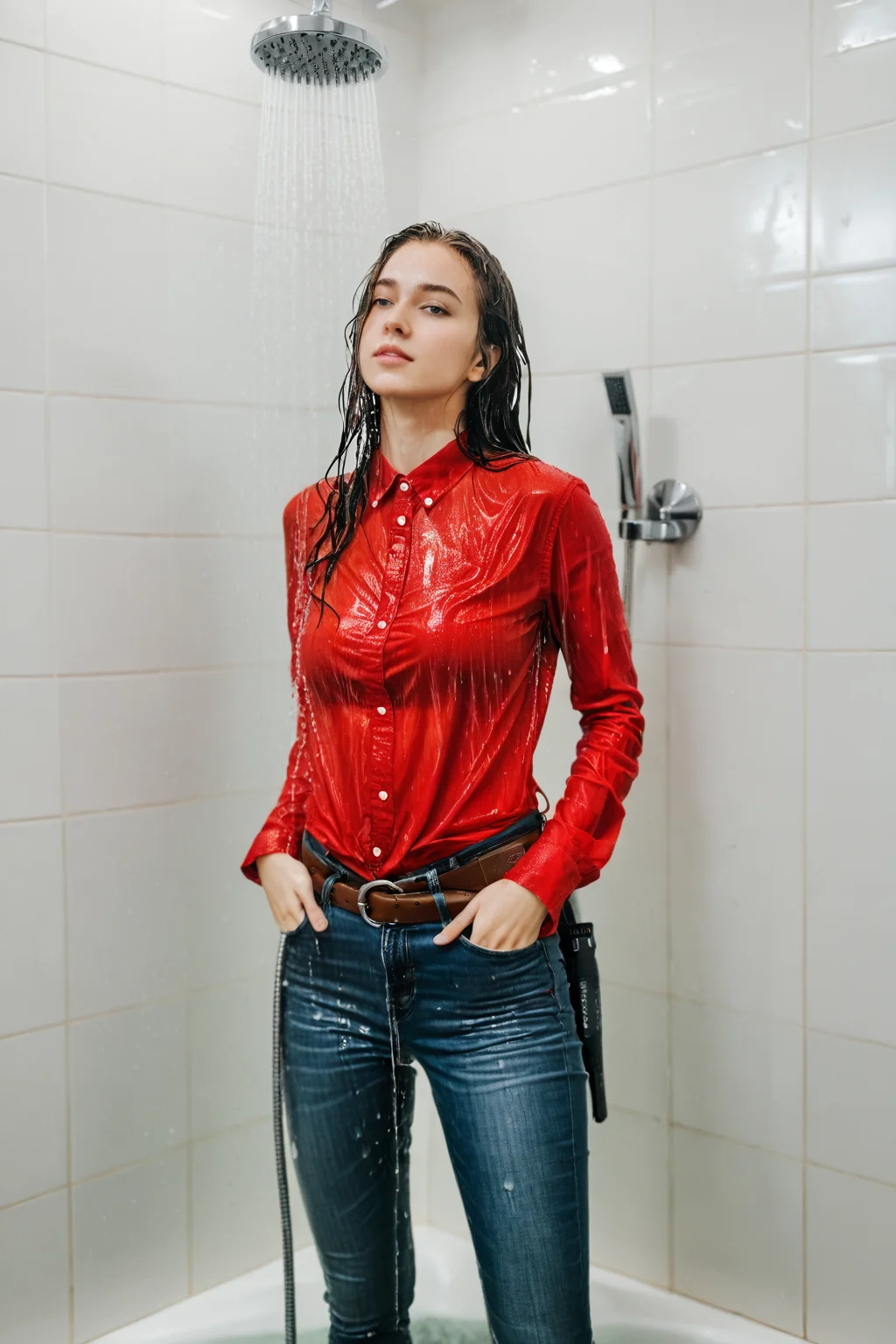 wetgirl, wet hair, wet red shirt, shirt tucked into skinny jeans, belt, looking at viewer, standing in the shower, water drop, photographed on a Fujifilm XT3, 80mm F/1.7 prime lens, cinematic film still, cinestill 500T, highly detailed, masterpiece, highest quality, intricately detailed, HDR, 8k, uhd, photorealistic, <lora:wetgirl:0.7>