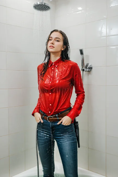 wetgirl, wet hair, wet red shirt, shirt tucked into skinny jeans, belt, looking at viewer, standing in the shower, water drop, photographed on a Fujifilm XT3, 80mm F/1.7 prime lens, cinematic film still, cinestill 500T, highly detailed, masterpiece, highest quality, intricately detailed, HDR, 8k, uhd, photorealistic, <lora:wetgirl:0.7>
