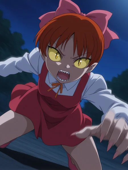 masterpiece, best quality, amazing quality, detailed background, perfect eyes, anime coloring, anime screenshot, 2000s \(style\), 1girl, solo, nekomusume (gegege no kitaro 5), red hair, short hair, choppy bangs, pink hair bow, (yellow eyes, yellow sclera, slit pupils:1.4), small breasts, white shirt, long sleeves, orange lace ribbon, red dress, pink footwear, all fours, glowing eyes, sharp nails, angry, constricted pupils, open mouth, (sharp teeth:1.2), dutch angle, cowboy shot, (incoming attack, motion blur:1.3), (outdoors, night, dark, soft light),