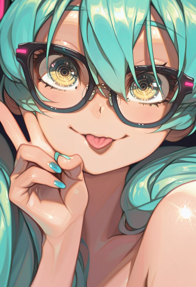hi res, masterpiece, best quality, highres, v, yellow eyes, smile, long hair, looking at viewer, 1girl, hair between eyes, simple background, closed mouth, portrait, cartoon, shiny skin, shiny, tongue out, blue  nails, twintails, hatsune miku, glasses