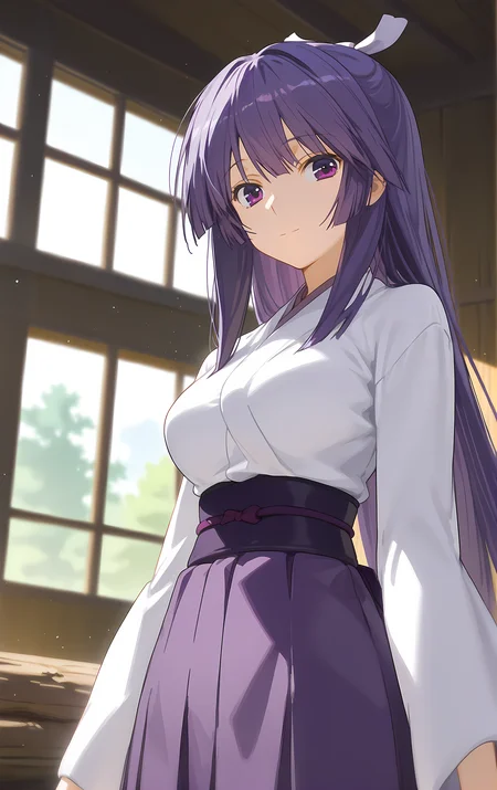 (score_9, score_8_up, score_7_up), looking at viewer, light smile, closed mouth, shiny skin, tight clothes,
ohwx, 1girl, solo, solo_focus, purple_eyes, long_hair, japanese_clothes, purple_hair, very_long_hair, breasts, ponytail, long_hair, breasts, large_breasts,
japanese_clothes, kimono, sash, kimono, skirt, hakama, hakama_skirt, purple_hakama, white_kimono,
log cabin, bedroom, window, sunlight, lens flare, blurry, cowboy shot, dutch angle,
<lora:miya_asama_pony_ss-000002:1>
