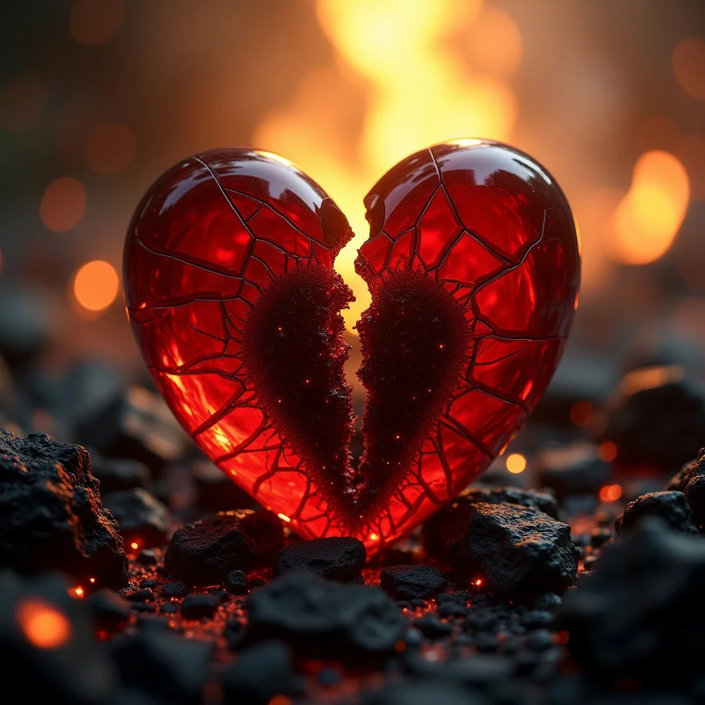 Close-up shot of a red shattered glass heart, bisected along its central axis, revealing a dark, ominous core. Soft, golden light pours down from above, bathing the scene in a warm, ethereal glow. The surrounding environment is a blurred haze of black lava and flames and ash, adding depth and mystery to the composition. The level of detail is meticulous, with each shard of glass and every texture rendered in high definition.