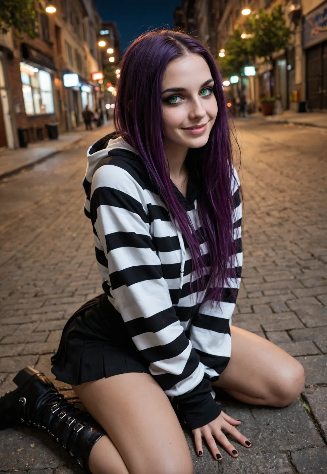 safe_pos, score_9, score_8_up, score_7_up, photo, irl, highres, raw, pov, dark, neon lighting, sexy, erotic,
1girl, 18yo, emo, alternative,
Dutch angle, portrait,
Kneeling, kiss,,
Slim, short, medium tits, pale skin,
Long hair, straight hair, bobcut, purple hair,
(Beautiful face), pretty face, cute, girly, youthful, (green eyes), thin lips, (septum, piercing)
(Aroused, seductive, playful), smile,
Oversized hoodie, hood, striped hoodie, black skirt, mini skirt, high boots, black boots,
Outside, night, street, city, busy, neons, blurry background