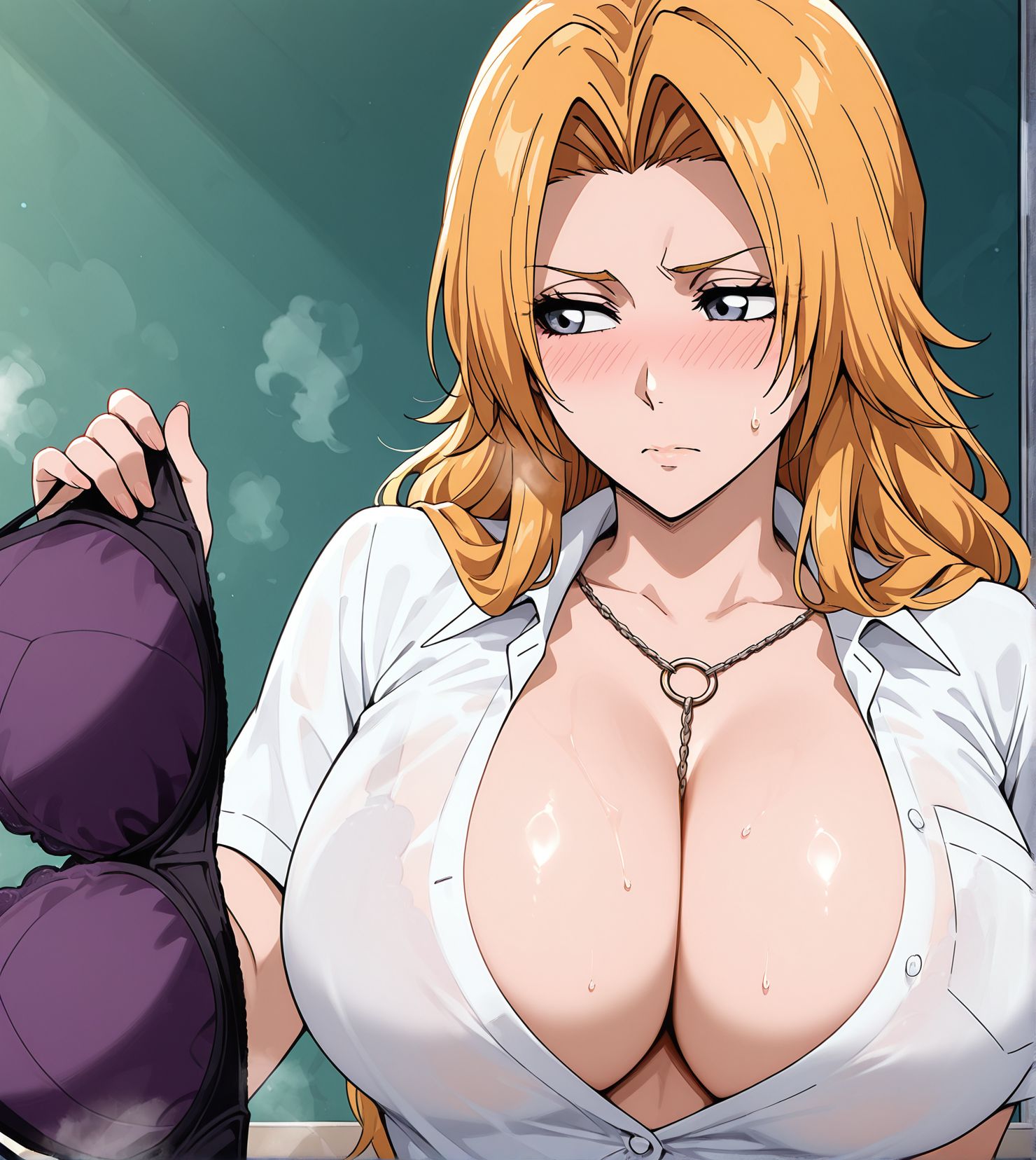 masterpiece, best quality, newest, absurdres, highres, detailed eyes, beautiful, 
detailed background, perfect eyes, anime coloring, anime screencap,
5fingers,
<lora:removing_bra_under_shirt:0.7>Taking_off_brav1,
1girl, solo,hetero,breasts,
pantyhose,blush, embarrassed, 
underwear,shirt, steam, 
sweatdrop, no bra,see-through clothes, 
(holding  bra, bra in hand),
standing, looking to the side, 
upper body,  full bra,
BREAK
Rangiku Matsumoto,
school uniform, 
bleach: sennen kessen-hen,  official art,