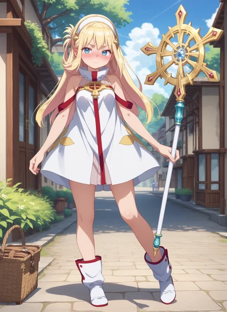 1girl, solo, noah seward, long hair, blonde hair, blue eyes, hair band, hair ornament, white dress, sleeveless, bare shoulders, whitefootwear, boots, bag, staff, holding staff, standing, <lora:noah_pony-000030:0.8> , outdoors,, , shiny, shiny skin, shiny hair, soft body,, BREAK ,score_9, score_8_up, score_7_up, detailed face, detailed body, best background, detailed background, uncensored,, BREAK ,anime screencap, anime coloring,, , (5 finger:0.8),, , <lora:HandFineTuning_XL:1>,, , sexually suggestive, naughty face, horny, naughty face, nose blush,