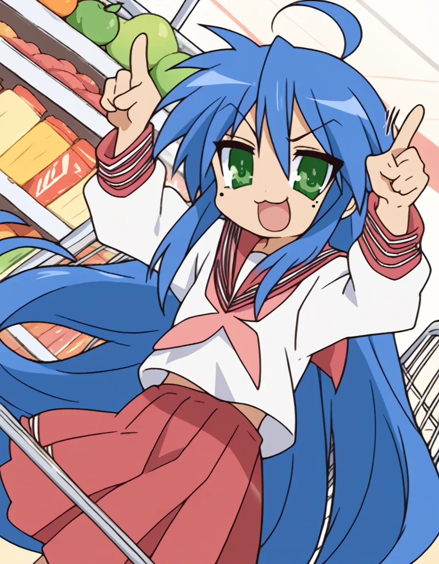 score_9, score_8_up, score_7_up, source_anime, <lora:konata-izumi-s1-ponyxl-lora-nochekaiser:1>, konata izumi, long hair, very long hair, green eyes, blue hair, ahoge, mole, mole under eye,, skirt, long sleeves, school uniform, pleated skirt, serafuku, sailor collar, neckerchief, red skirt, ryouou school uniform,, grocery store, shopping cart, picking fruits, everyday life, , smile, <lora:horns-pose-ponyxl-lora-nochekaiser:1>, horns pose, index fingers raised, angry, steam, open mouth, shouting, anger vein,, looking at viewer, solo,, dutch angle, cowboy shot