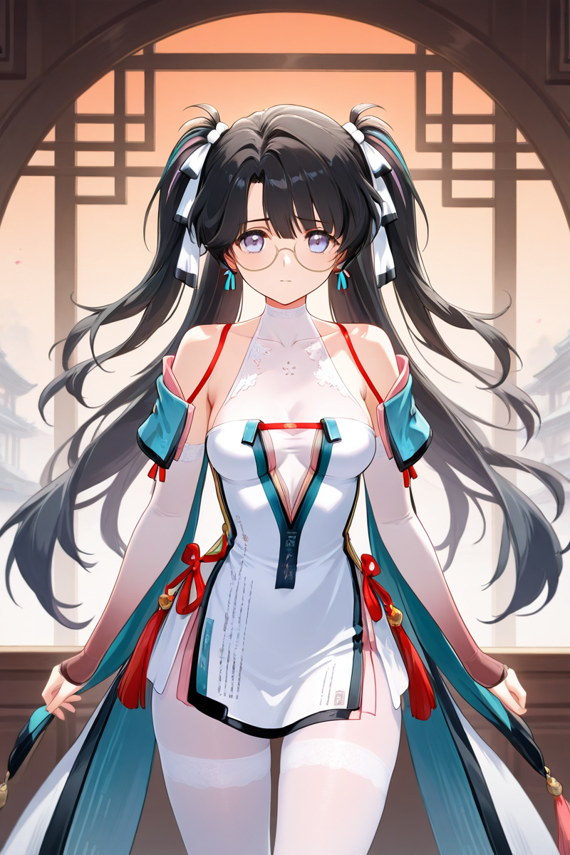 zhezhi, purple eyes, chinese clothes, outfit 1, white pantyhose, round eyewear, 1girl, long hair, black hair, glasses, twintails, dress, black footwear, breasts, looking at viewer, bangs, blue eyes, thighhighs, bare shoulders, medium breasts, closed mouth, standing, solo focus, white dress, <lora:zhezhi_ww_illus:1> alone, sexy pose, cowboy shot,
