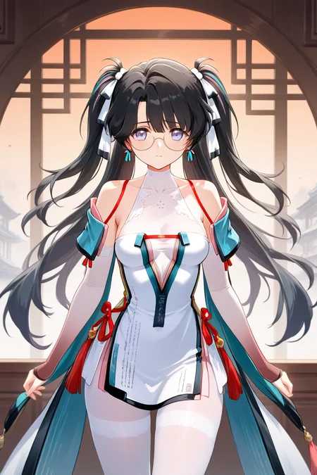 zhezhi, purple eyes, chinese clothes, outfit 1, white pantyhose, round eyewear, 1girl, long hair, black hair, glasses, twintails, dress, black footwear, breasts, looking at viewer, bangs, blue eyes, thighhighs, bare shoulders, medium breasts, closed mouth, standing, solo focus, white dress, <lora:zhezhi_ww_illus:1> alone, sexy pose, cowboy shot,