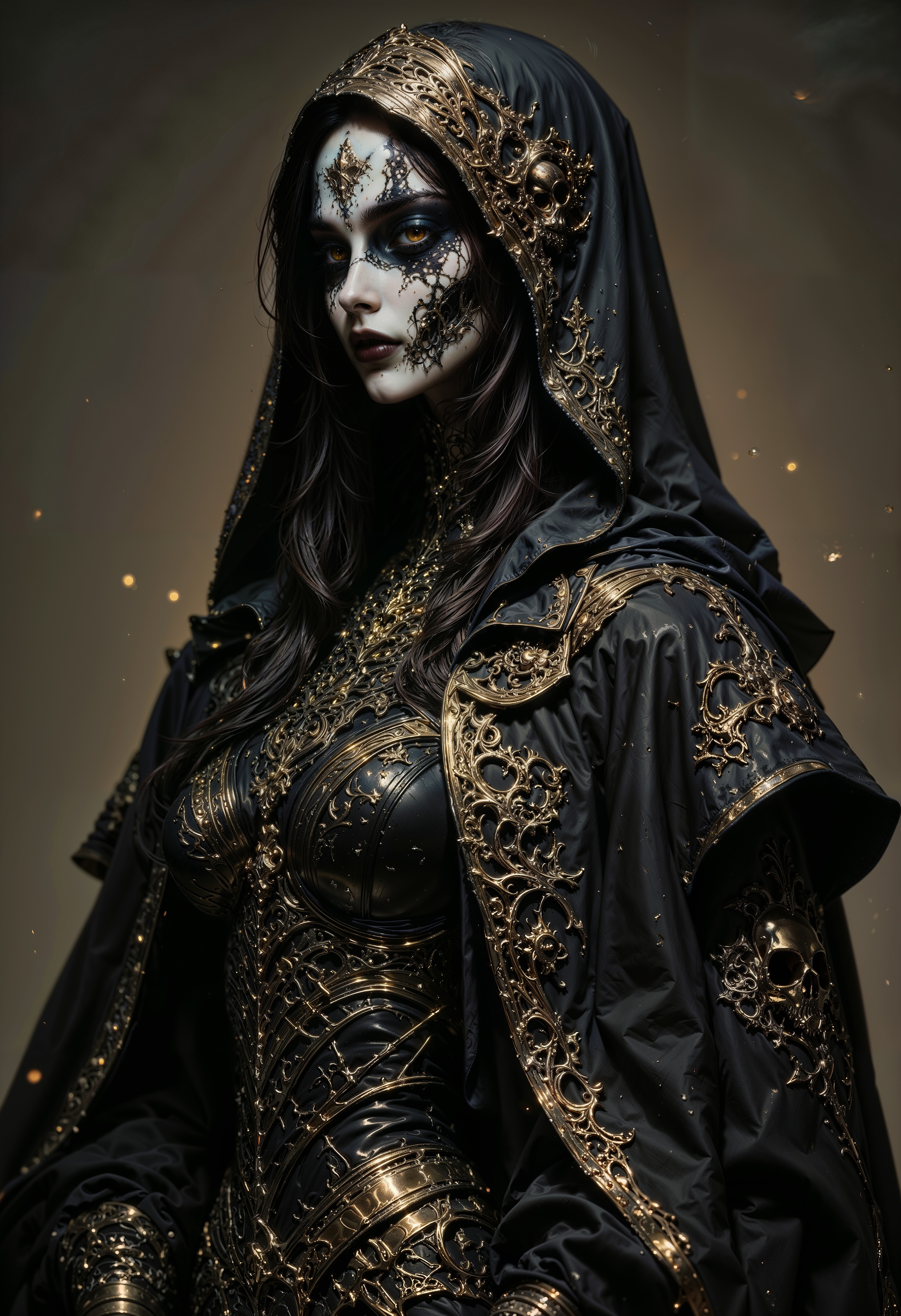 hyperrealism, elven girl, a stunning photo of a gorgeous necromancer female Aerenal Elf, gold and black robes, face warpaint, skull face paint, gorgeous, 8k HD, detailed skin texture, ultra realistic, textured skin,. (maximum ultra high definition image quality and rendering:3), maximum image detail, maximum realistic render, (((ultra realist style))), realist side lighting, , 8K high definition, realist soft lighting, (amazing special effect:3.5)