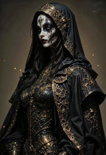 hyperrealism, elven girl, a stunning photo of a gorgeous necromancer female Aerenal Elf, gold and black robes, face warpaint, skull face paint, gorgeous, 8k HD, detailed skin texture, ultra realistic, textured skin,. (maximum ultra high definition image quality and rendering:3), maximum image detail, maximum realistic render, (((ultra realist style))), realist side lighting, , 8K high definition, realist soft lighting, (amazing special effect:3.5)
