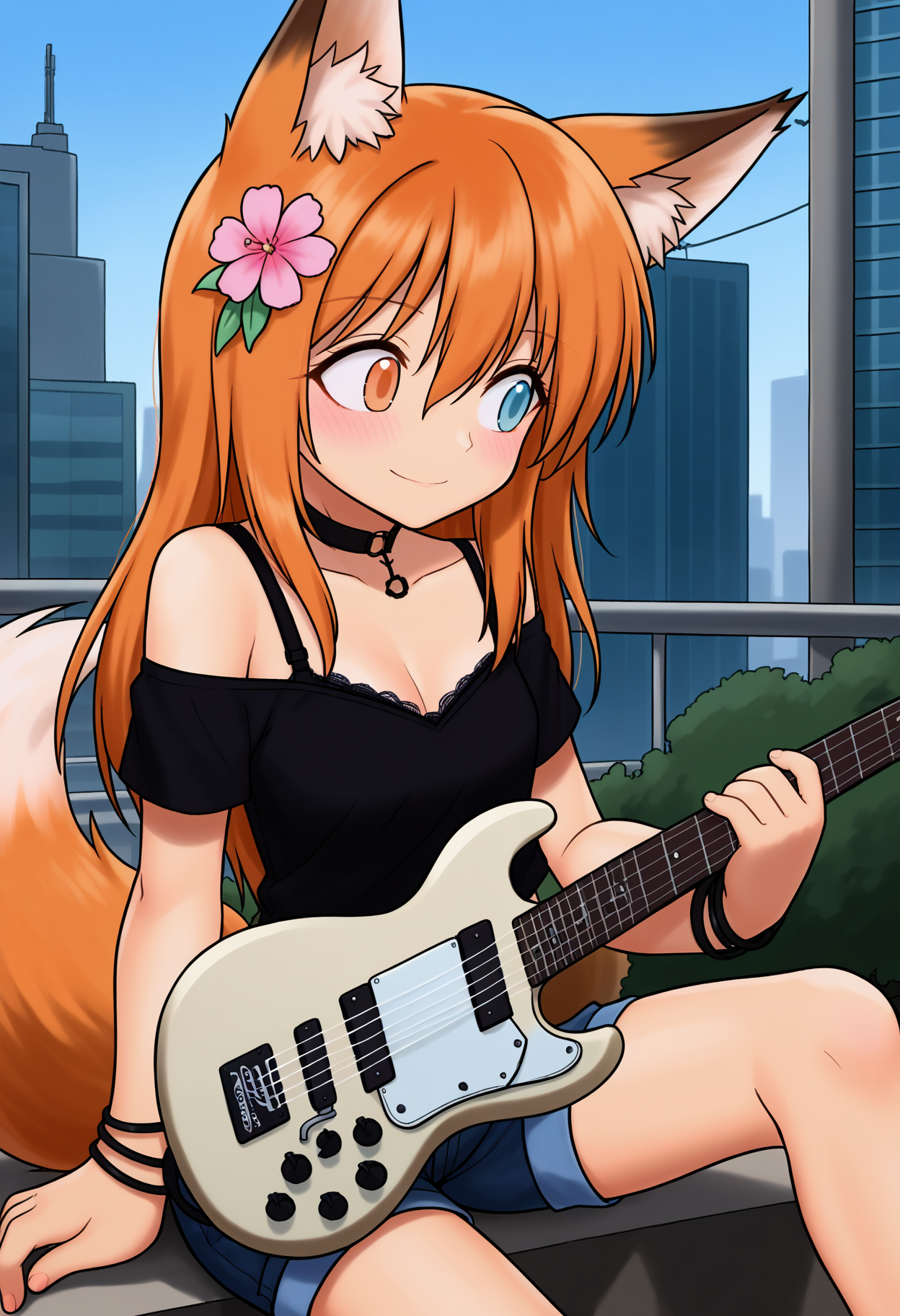 score_9, best quality, masterpiece, uncensored, source_anime
BREAK
1girl, holo, animal ears, long tail, instrument, tail, solo, fox ears, fox tail, fluffy tail, jewelry, sitting, shorts, long hair, necklace, guitar, shirt, brown eyes, fox girl, bra strap, hair ornament, flower, choker, outdoors, building, looking away, hair flower, city, bracelet, animal ear fluff, denim shorts, orange hair, off shoulder, denim, holding, black bra, playing instrument, black shirt, bra, cityscape, short sleeves, collar, black choker, bangs, music, electric guitar, looking to the side, hair between eyes, blush, floating hair, shy, light smile, blush, surprised, heterochromia, blue eyes, orange eyes
<lora:rustle_pony_v1:1>