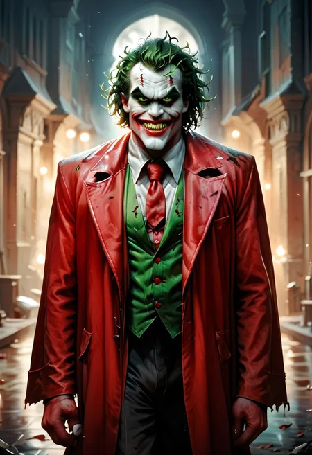 score_9, score_8_up, score_7_up, (SUBJECT), depth of field, highly detailed, high contrast, film grain, Rim Lighting,hand, looking to viewer,
The Joker, male, Green messy hair, solo,
hand, Grim, Grim Reaper, Dark, Fantasy, Death, red leather habit, red leather cape,