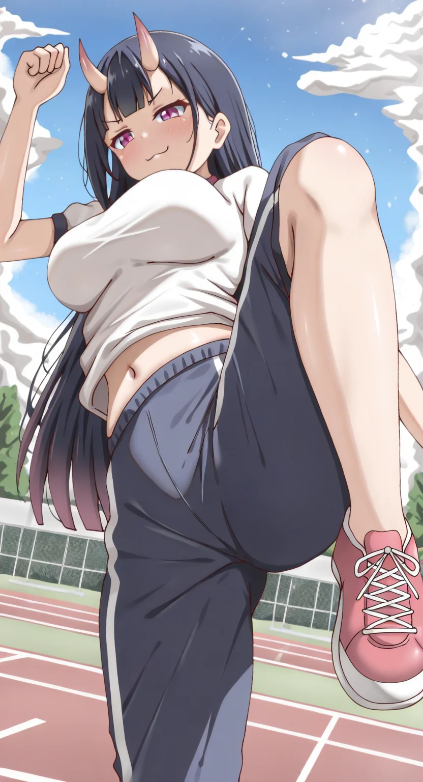 masterpiece, cute, lovely, newest, absurdres, (best quality:1.3), amazing quality, very aesthetic, 1girl, solo, high_resolution, hq, 4k, BREAK. high gradient eyes, very cute, light particles, cute details, cute colors, (Poa_Mellhen_Style), oni, oni horns, dark blue hair, straight hair, blunt bangs, pink eyes, slit pupils, (big breasts:0.7), naughty face, smug, BREAK, outdoor, day, cloud, tube top, pants, kick, high kick, right high_kick, standing, shoes, sneakers, arms attached to the body and not holding the leg, leg focus angle, breasts, navel, (gym_uniform)