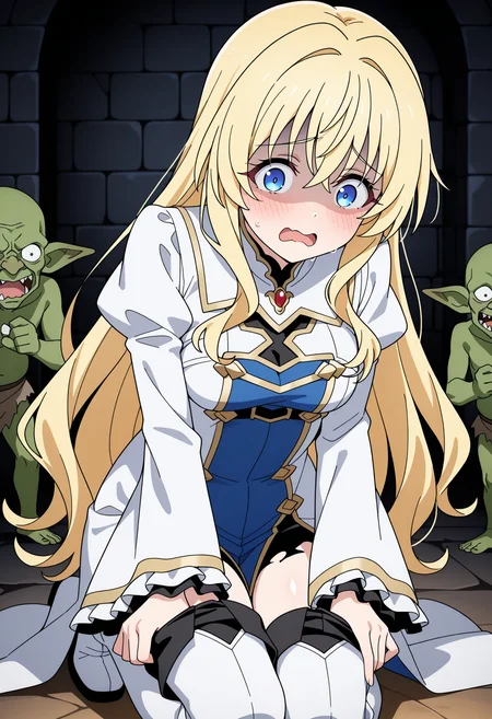 masterpiece, best quality, high resolution, source_anime, highly detailed illustration, detailed eyes,
very aesthetic, absurdres, newest, amazing quality,
1girl, solo, anime screencap, anime coloring,
<lora:shiPriestessV1ill:1>, shigoblitessrng, long hair, very long hair, blonde hair, hair between eyes, blue eyes,
long sleeves, wide sleeves, puffy sleeves, frilled sleeves, juliet sleeves, white dress, frills, medium breasts,
white thighhighs, thigh boots, white footwear, undressing, torn clothes, shy, blush, wavy mouth, open mouth, ;3, shoulders,
looking away, scared, shaded face, sweat, shiny skin, dungeon, stone, goblin, goblin slayer!, full body, kneeling, spread legs, adjusting legwear, seiza,