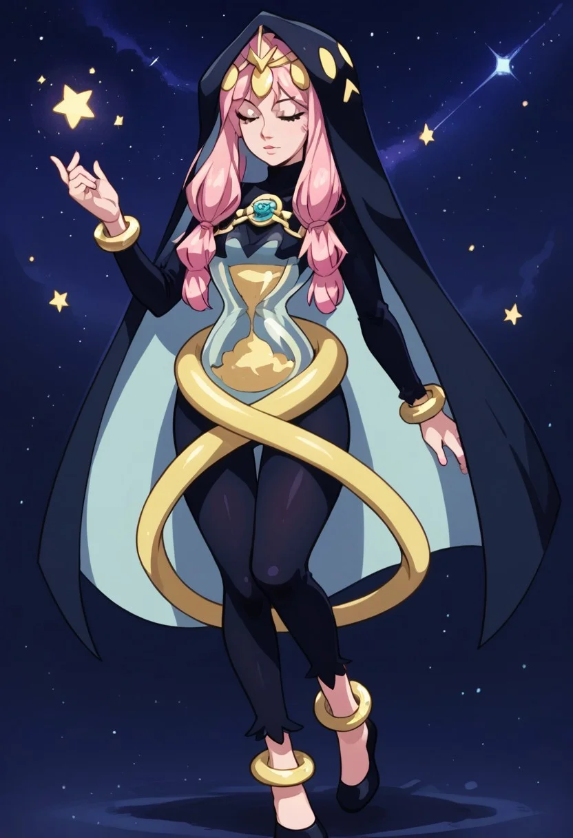score_9, score_8_up, score_7_up, source anime,
masterpiece, best quality, detailed, amazing quality,
detailed background, night, stars,
dynamic pose, magic,
solo, 1woman, woman,
easynegative,
aeon, diadem, hourglass torso, see-thru torso, glass torso, pointed hood, long hood, pink hair, long hair, bracelet, anklet, pendant, closed eyes, bodysuit, hair ornaments, low front twintails