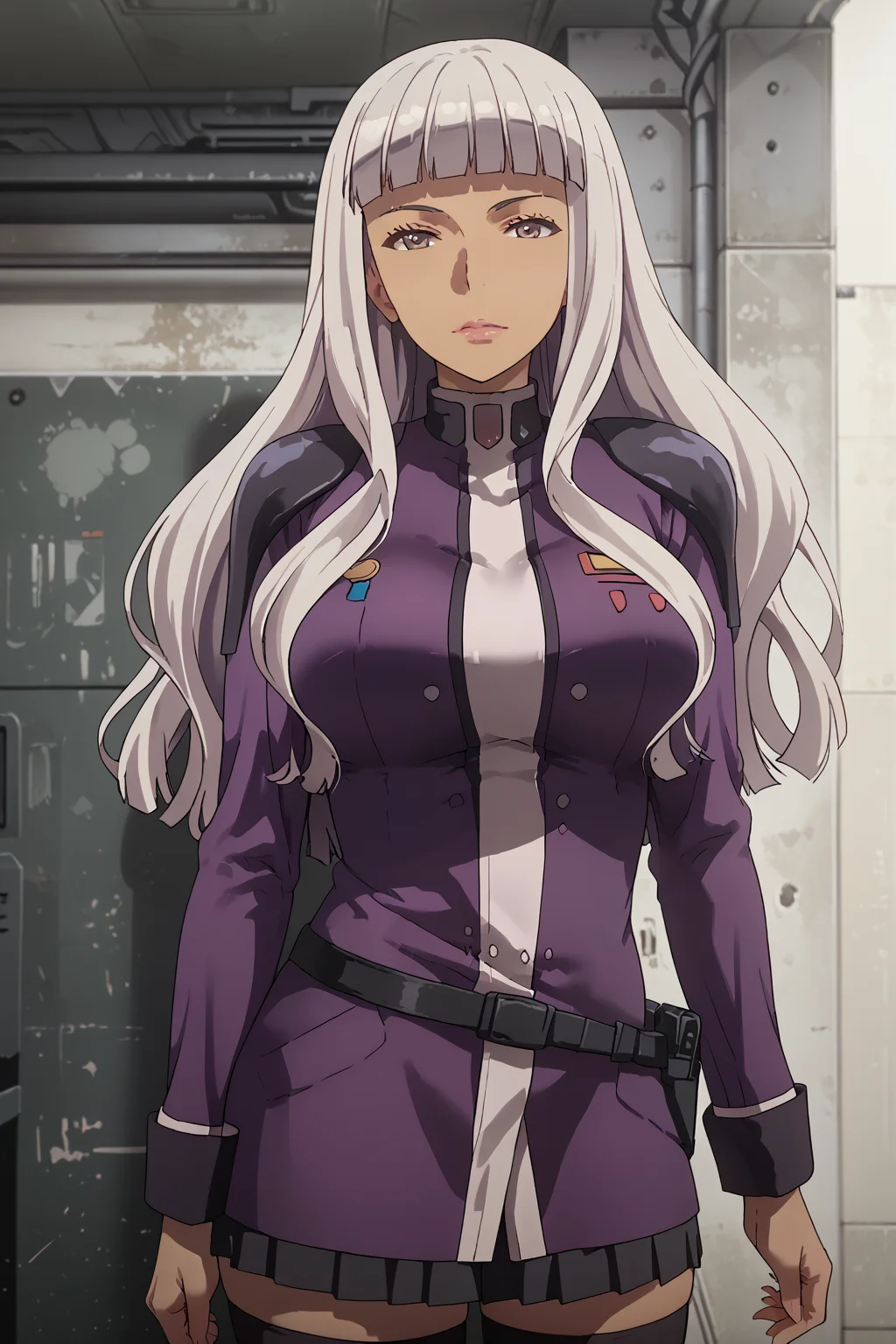 score_9, score_8_up, score_7_up, score_6_up, score_5_up, score_4_up, source_anime, BREAK, (extremely detailed CG, best quality:1.1), high quality, masterpiece, mature female, nfsw, uncensored, extremely detailed character, detailed eyes, perfect face, 1girl, long hair, brown eyes, grey hair, dark skin, blunt bangs, bangs, uniform, grey eyes, military, military uniform, belt, skirt, legs, thigh, thighhighs, grey hair, boots, uniform, high heels, shoulder pads, lendy farolito
<lora:lendy_farolito:1> <lora:cfg_scale_boost:0.5> <lora:incase-ilff-v3-4:0.6>