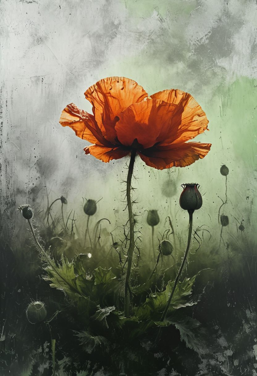 (masterpiece, best quality, hyper detailed, ultra realistic, 32k, RAW photo) a poppy closeup in light green and silver, realistic, perfect composition and chiaroscuro by Rembrandt, concept art, by Jarek Kubicki, <lora:Desolation:0.8>