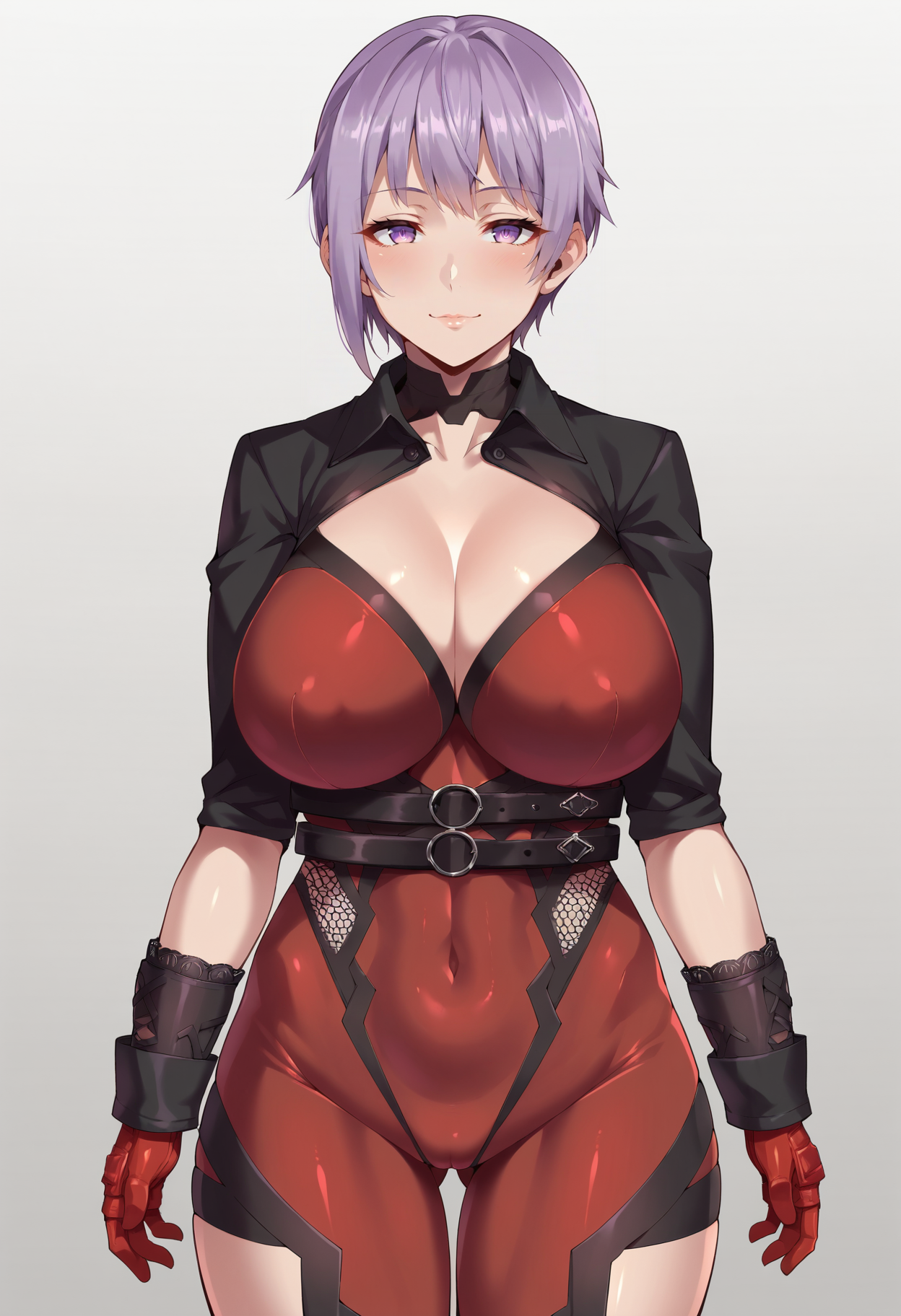 score_9, score_8_up, score_7_up, score_6_up, source_anime, uncensored,
1girl, solo, (konno tohiro:0.5), 
standing,
looking at viewer, half-closed eyes, light smile,
Yoshizawa_Kana_SK,
short hair,  purple hair, purple eyes, 
bodysuit, covered navel, thigh gap, skin tight, red gloves, belt, gloves, cleavage,
simple background, white background,
 <lora:Yoshizawa_Kana_SK:1>