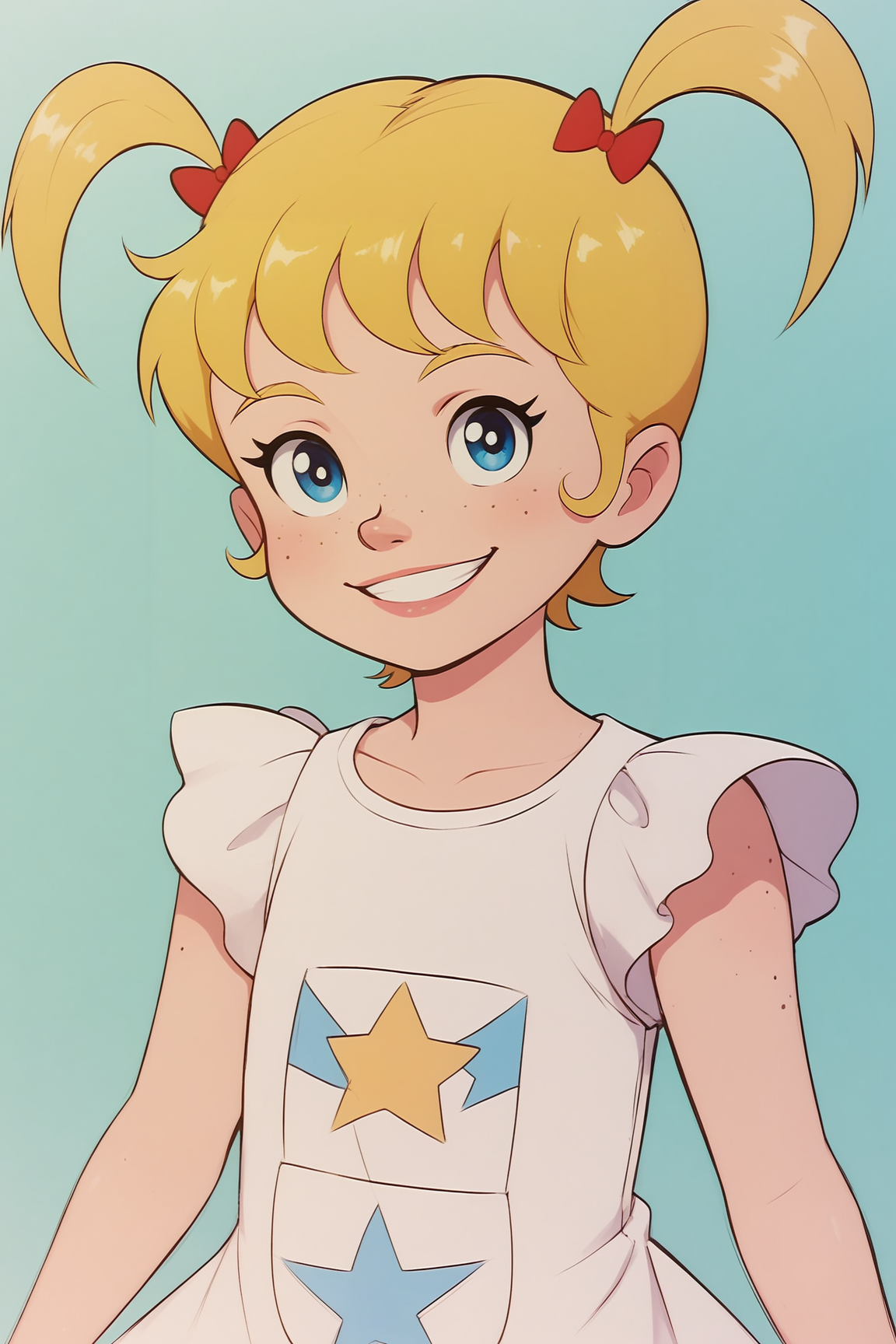 score_9, score_8_up, score_7_up, score_6_up, BREAK, score_9, score_8_up, score_7_up, score_6_up, BREAK, ApoMMXL, blue eyes, blonde hair, short hair, bangs, twintails, red hair bow, freckles, flat chest, white dress, star print, short sleeves, solo, front view, (portrait, upper body), solo focus, smile, looking at viewer, indoorss <lora:ApoMMXL:1>