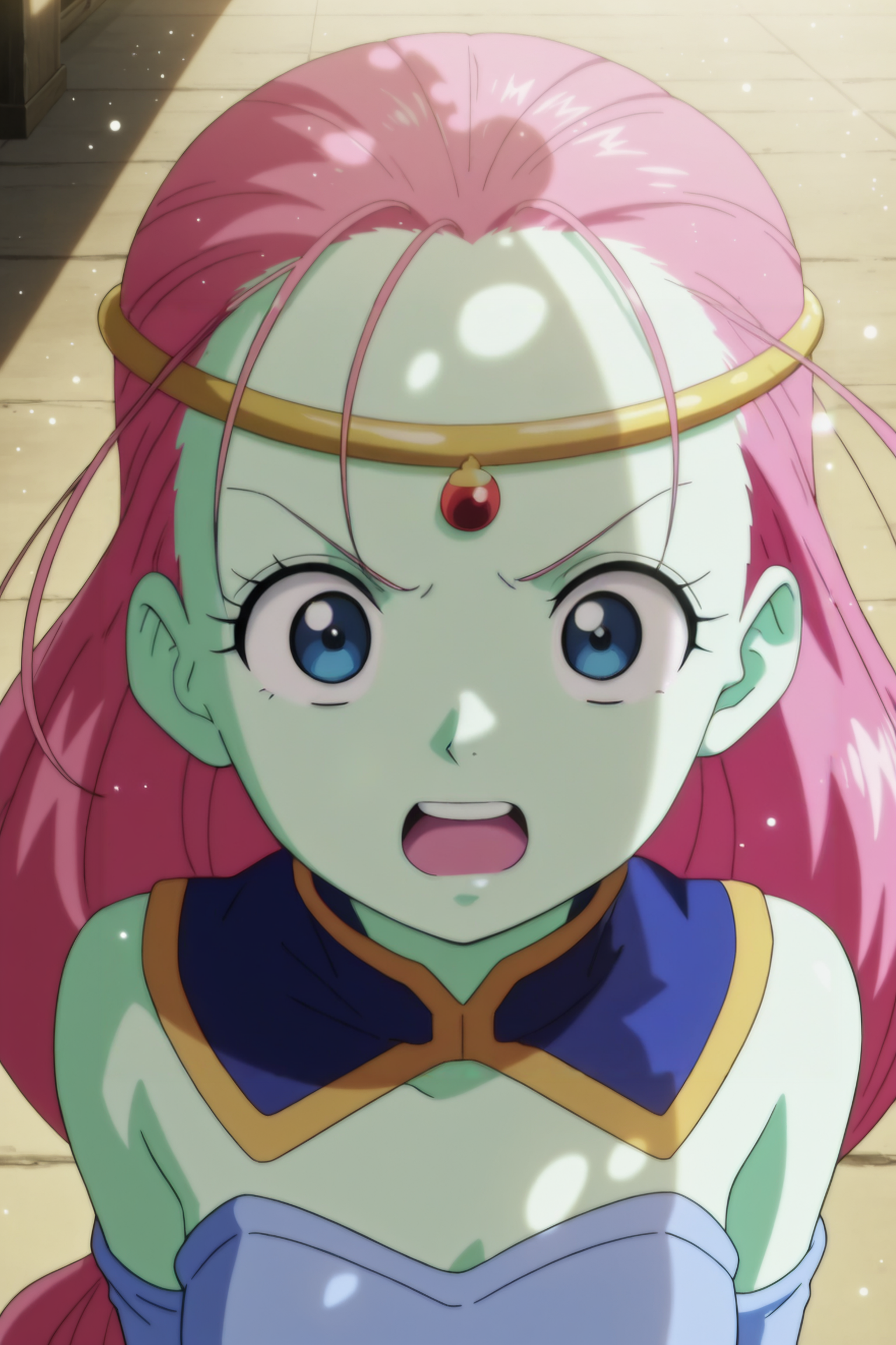 anime screencap, masterpiece, best quality, amazing quality, very aesthetic, absurdres,  newest, (scenery, volumetric lighting), official style, dappled sunlight, light particles, light rays,
caway, 1girl, solo, long hair, looking at viewer, open mouth, blue eyes, pink hair, colored skin, surprised, circlet, bare shoulders, gold headwear, arms by side, blue collar, detached collar, eyelashes, green skin, close-up, low-tied long hair, pointy nose, v-shaped eyebrows, tongue, upper teeth blue leotard, detached sleeves, blue armwear,
 <lora:Caway_iL:0.8>