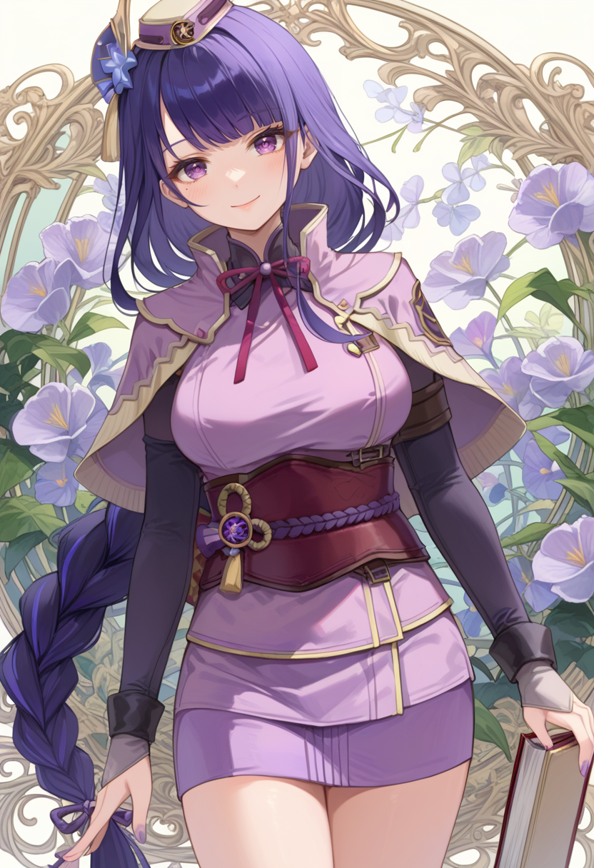 (score_9:0.9),score_8_up,score_7_up,rating_safe,anime_style,(zPDXL),<lora:hub lass and Brigade Armor ponyXL v1.2:0.73>,1girl,solo,book,large breasts,holding,holding book,blush,purple ribbon,smile,cowboy shot,red eyes,looking at viewer,black long sleeves,brown knee boots,purple capelet,purple clothes,purple hat,brigade clothes,very long hair,raiden shogun,