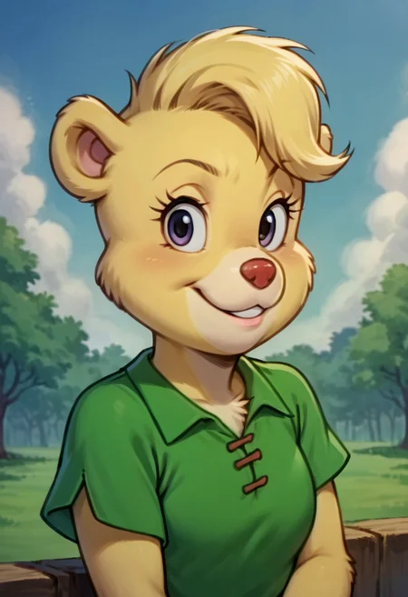score_9, score_8_up, score_7_up, score_6_up, source_anime, highly detailed, Sunni Gummi, Sunni, solo, smile, shirt, 1girl, upper body, short sleeves, female focus, outdoors, furry, looking at viewer, pose, furry female, body fur, looking at viewer,