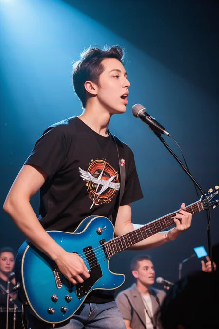 score_9, score_8_up, score_7_up BREAK photo, realistic BREAK silhouette of a young male guitarist singing into a microphone onstage, vibrant blue stage lighting, electric guitar in hand, foggy atmosphere, aged around 25, medium build, live concert setting, western nationality, concert photography with dramatic lighting, inspired by the aesthetic of live performance photography, masterpiece,