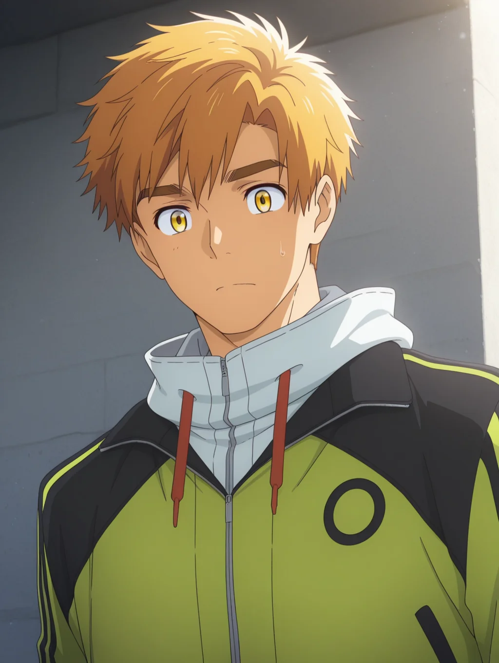 masterpiece, best quality, amazing quality, 1 boy, solo, male focus, Shuji Minamito, short hair, jacket, yellow eyes