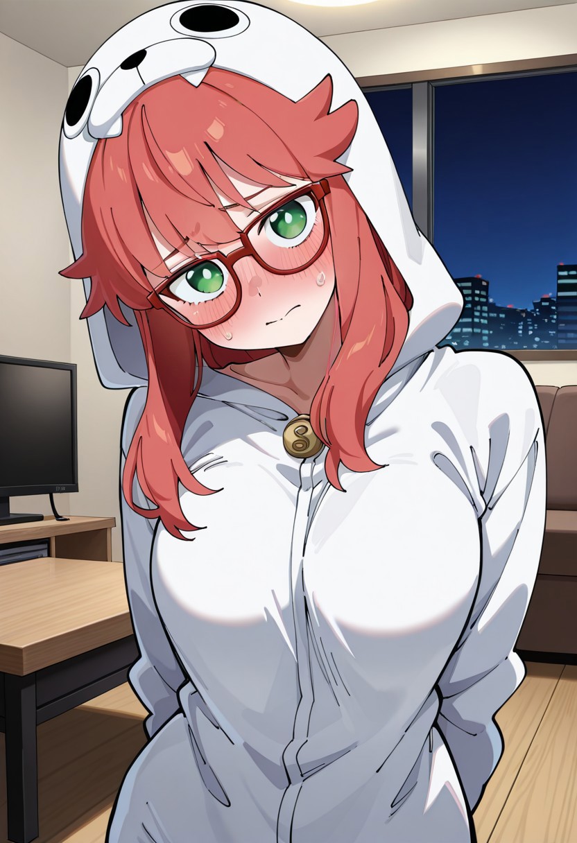 score_9,score_8_up,score_7_up,score_6_up,best quality,masterpiece, (background is living room, night), 1girl, solo,
dynamic pose, upper body,
BREAK
cosmica, glasses, red hair, onesie, blush, shy, green eyes, arms behind back, head tilt, looking at viewer,