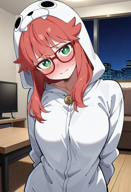score_9,score_8_up,score_7_up,score_6_up,best quality,masterpiece, (background is living room, night), 1girl, solo,
dynamic pose, upper body,
BREAK
cosmica, glasses, red hair, onesie, blush, shy, green eyes, arms behind back, head tilt, looking at viewer,
