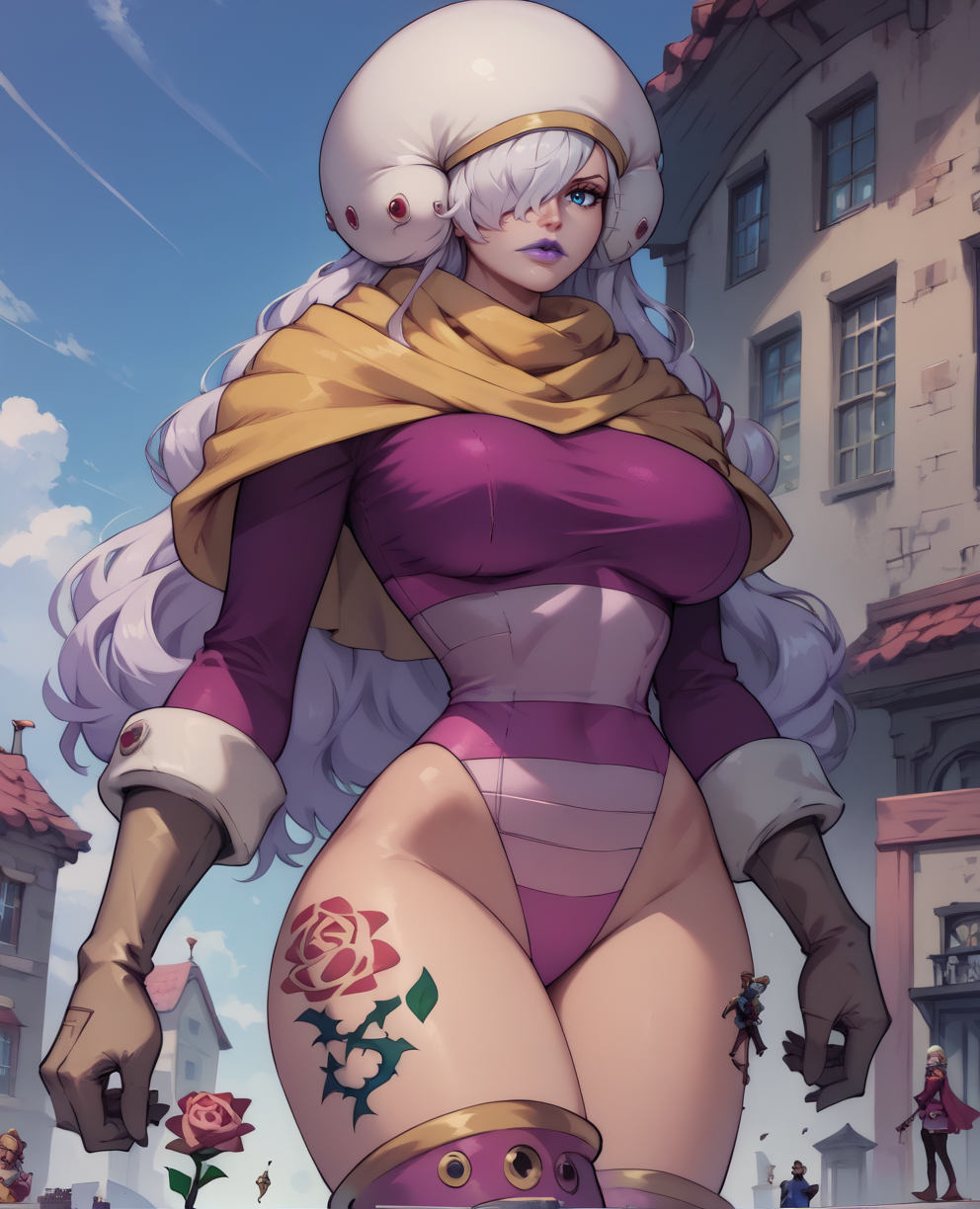 score_9,score_8_up,score_7_up,
charlotte,long white hair,right thigh rose tattoo,blue eye,hair over one eye,purple lips,
pink leotard,long sleeves,large breasts,
scarf,gloves,boots,helmet,giantess,looking at viewer,
standing,     
outdoors,<lora:SmoothieXL:1>, solo,